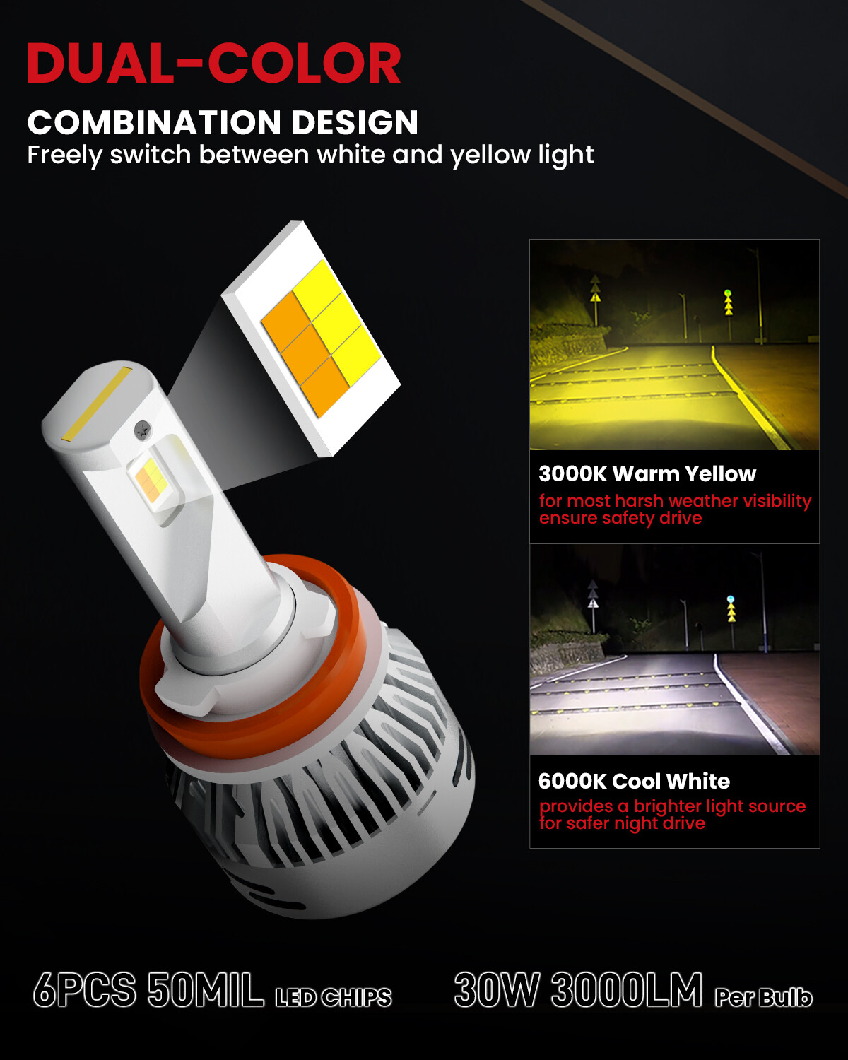 Switchback White Amber H11 LED Headlight Low Beam Bulbs Conversion Kit 2PCS