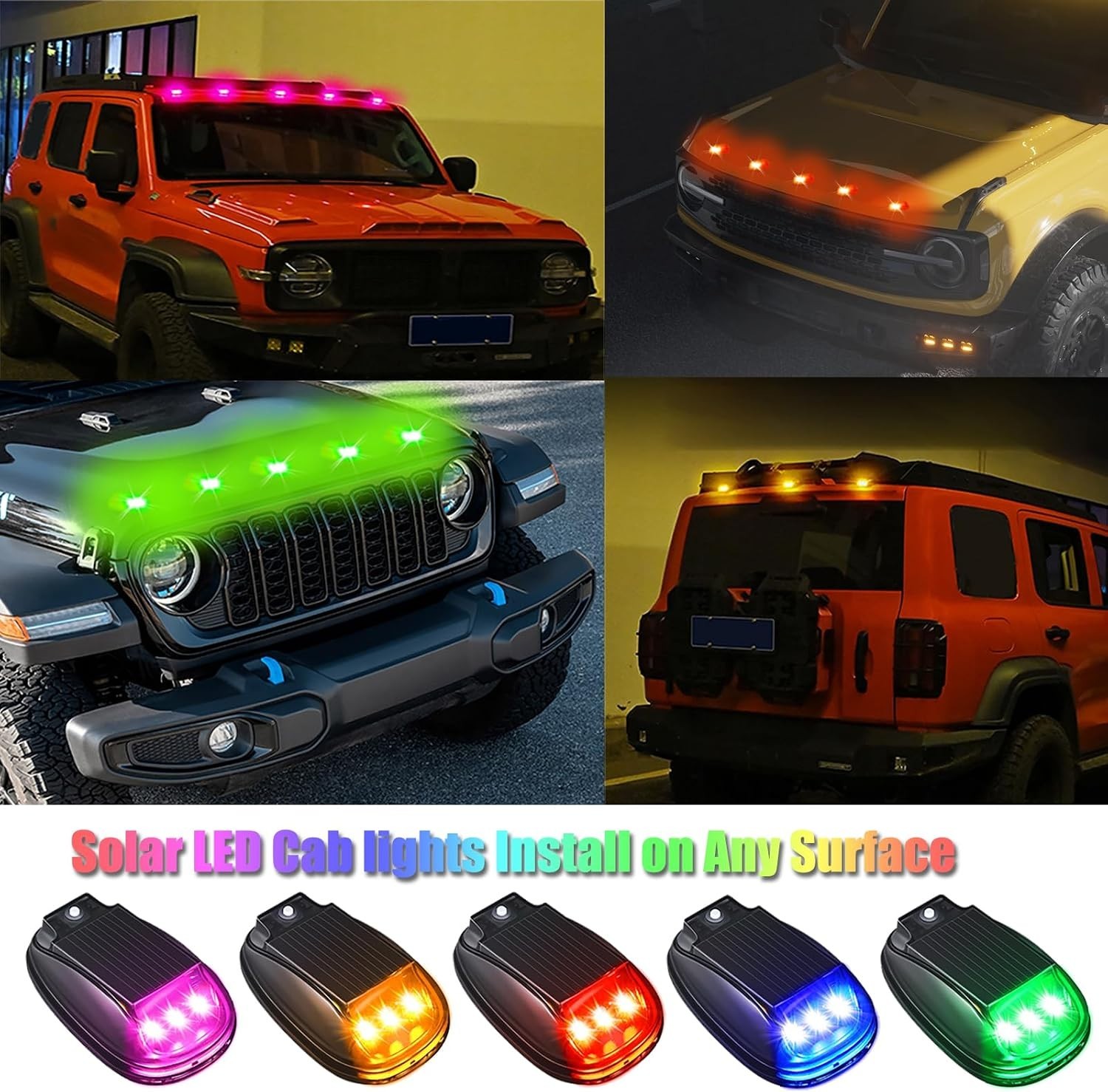 Wireless Solar Cab Lights, 5 Pc, RGB 8-Color, No Drill Roof Marker Lights