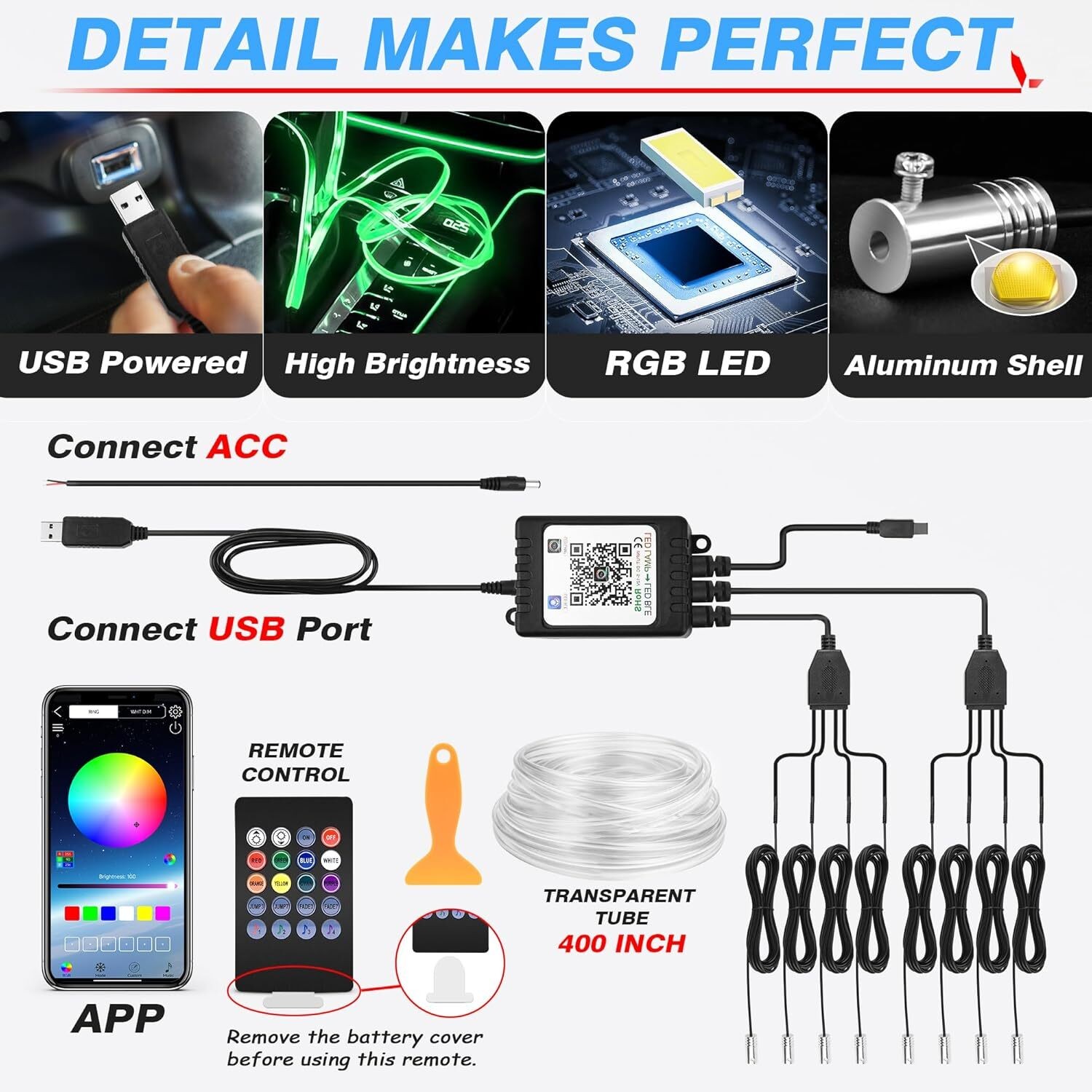 10M RGB 8 in 1 RGB Car Atmosphere Interior LED Guide Fiber Optic Ambient Light