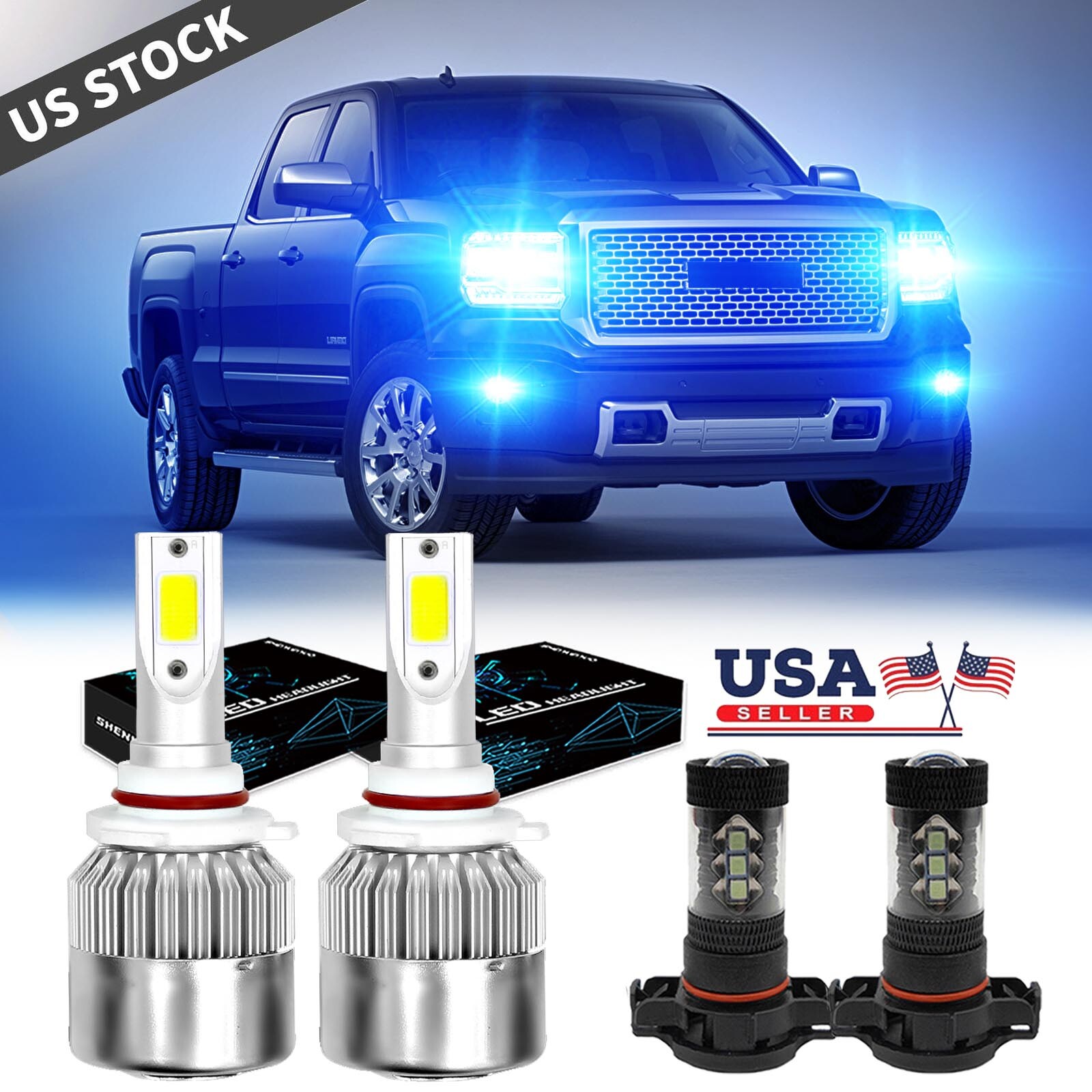 8000K 9012 LED Headlights + 5202 Fog Light Bulbs for GMC Sierra 1500 2014 2015