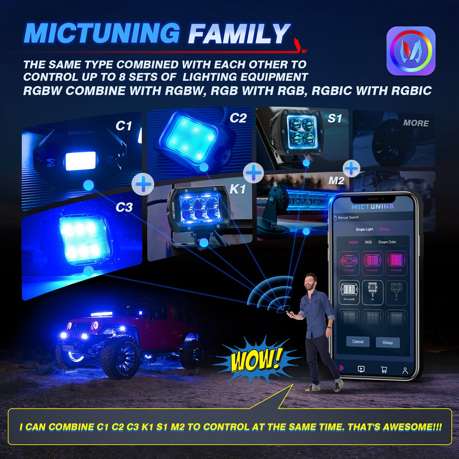 MICTUNING 4 Pods RGBW LED Rock Lights Underglow Neon Light Kit Bluetooth Control