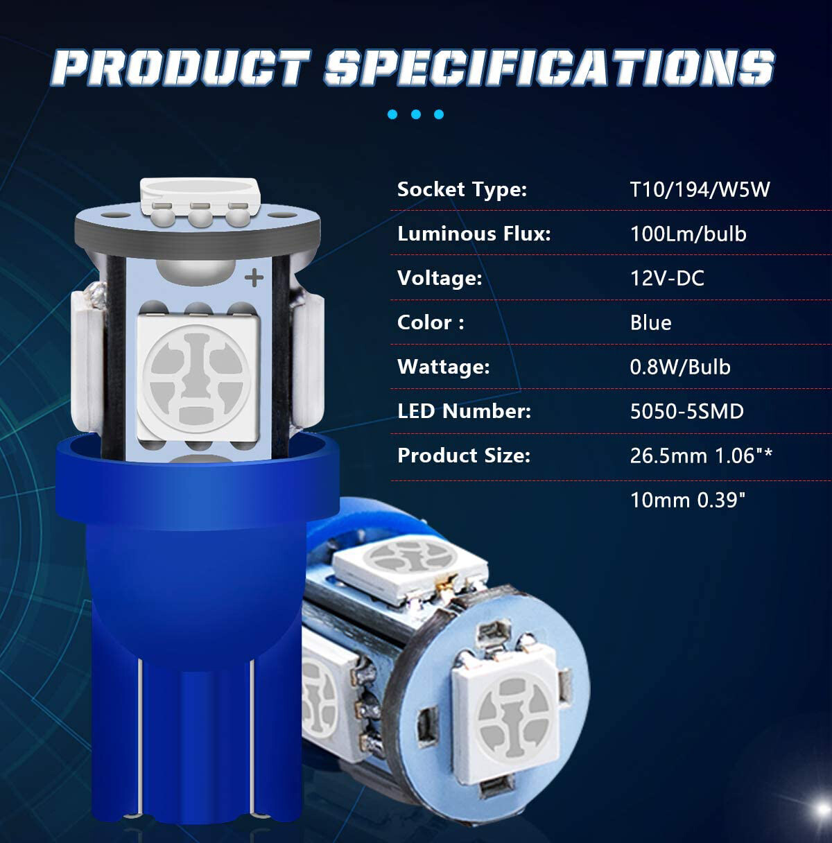 10000K Ultra Blue 5SMD 2825 168 194 LED Bulbs For Motorcycle Bike Parking Lights