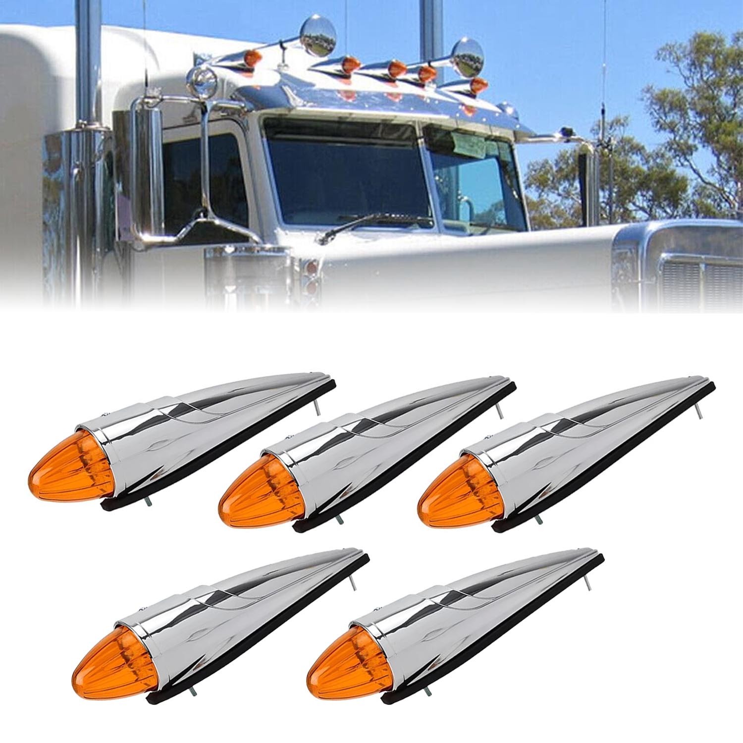 5PCS 17 LED Amber Chrome Torpedo Cab Marker Roof Running Lights for Semi Truck