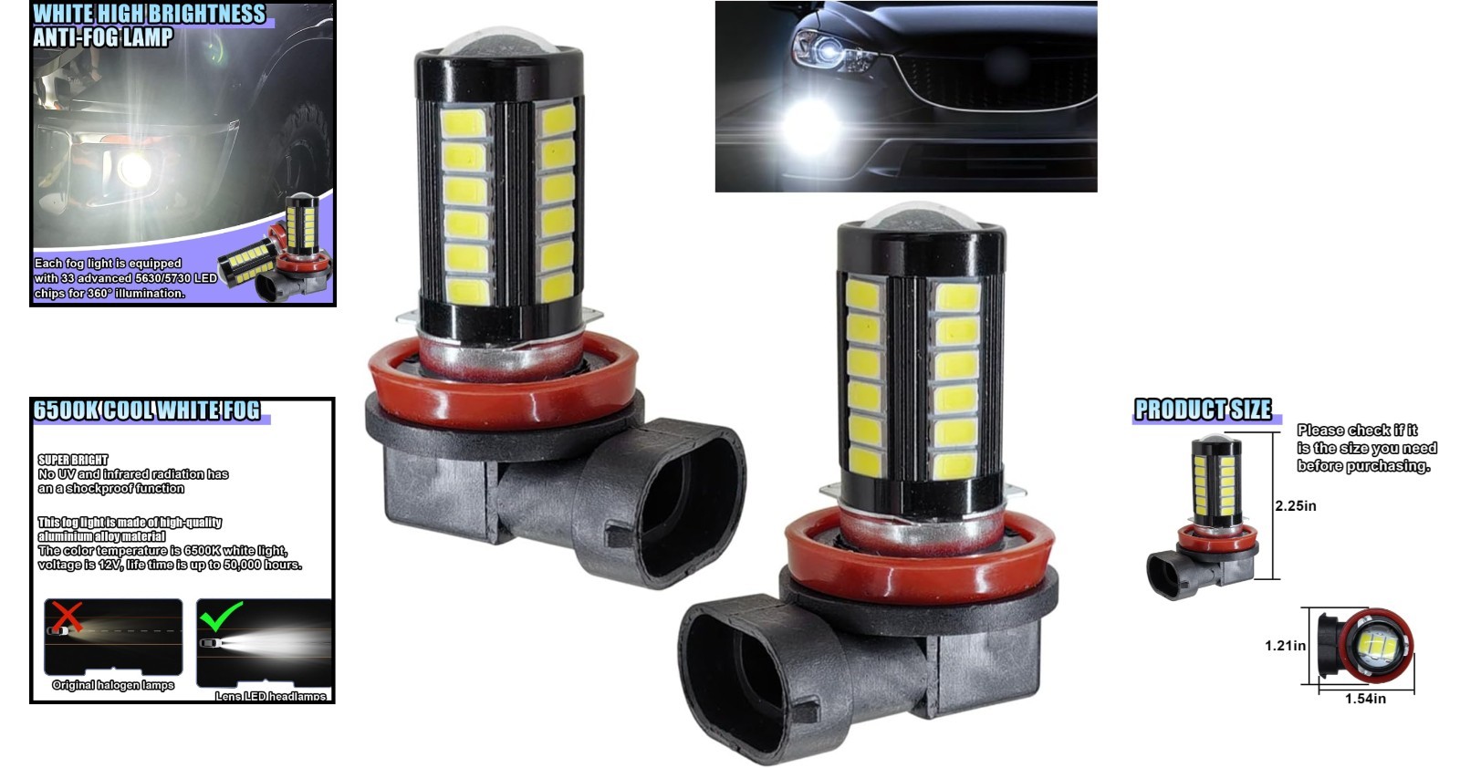 High Brightness 6500K H11 LED Fog Lights – 2PCS, Universal Fit, 50000 Hours Life