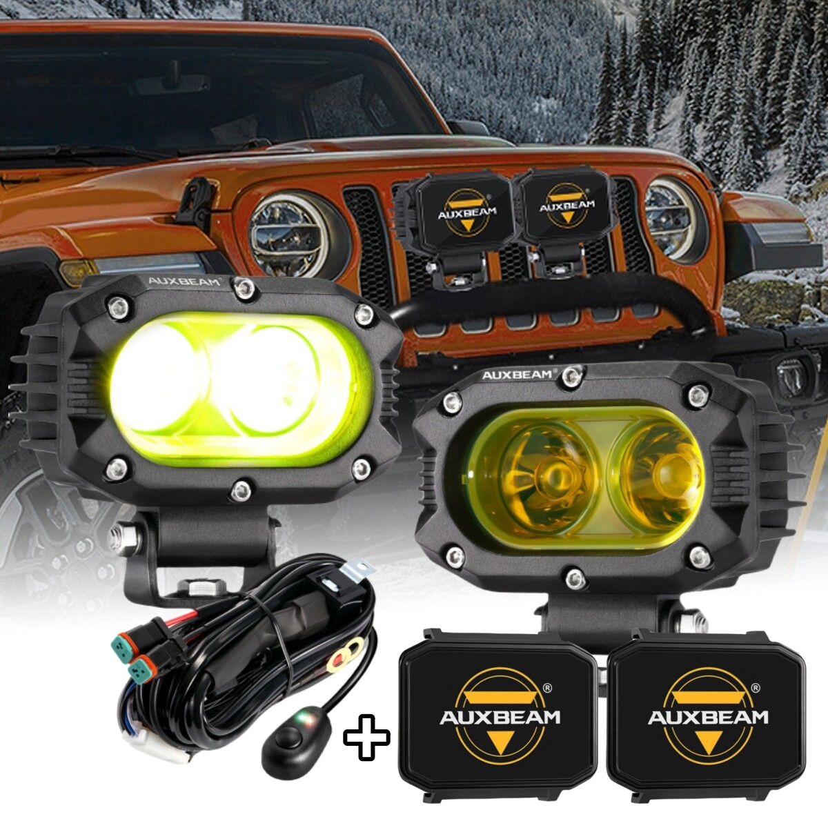 2x AUXBEAM 4″ Amber LED Pods Light Bar Flood Driving Lights + 2x Covers for Jeep