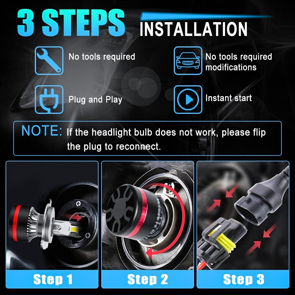 2PCS CSP LED Headlight H4 9003 High/Low Beam 6000K Bulbs Error Free 350W 25000LM