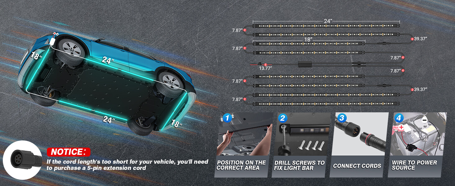 MICTUNING N8 RGBW LED Strip Aluminum Underneath Under Car Neon Lights Wireless