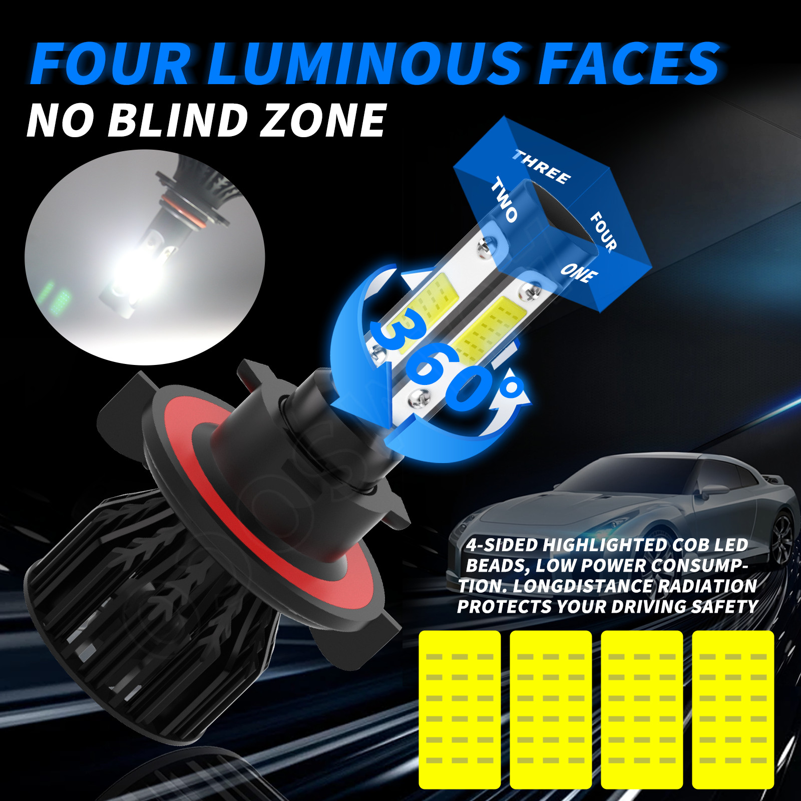 4-Sides White LED H13 Headlights + H10 Fog Light Bulbs Plug&Play Conversion Kit