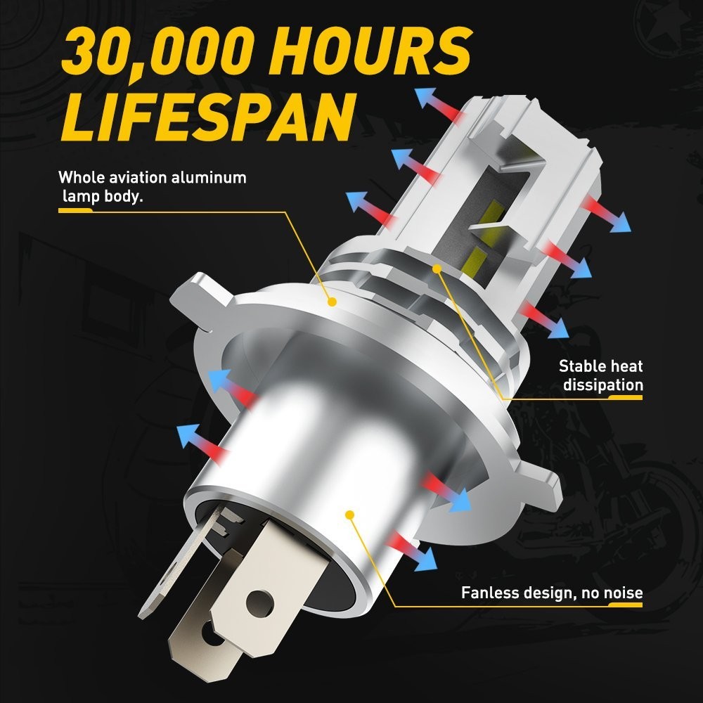 H4 9003 HB2 FANLESS LED Motorcycle Headlight Bulb Hi/Low Beam 6000K High Power