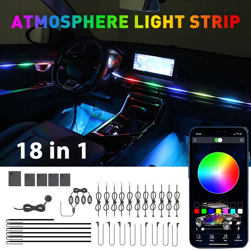 18 in1Car LED Ambient Light Strip APP Remote Atmosphere Interior LED Acrylic RGB