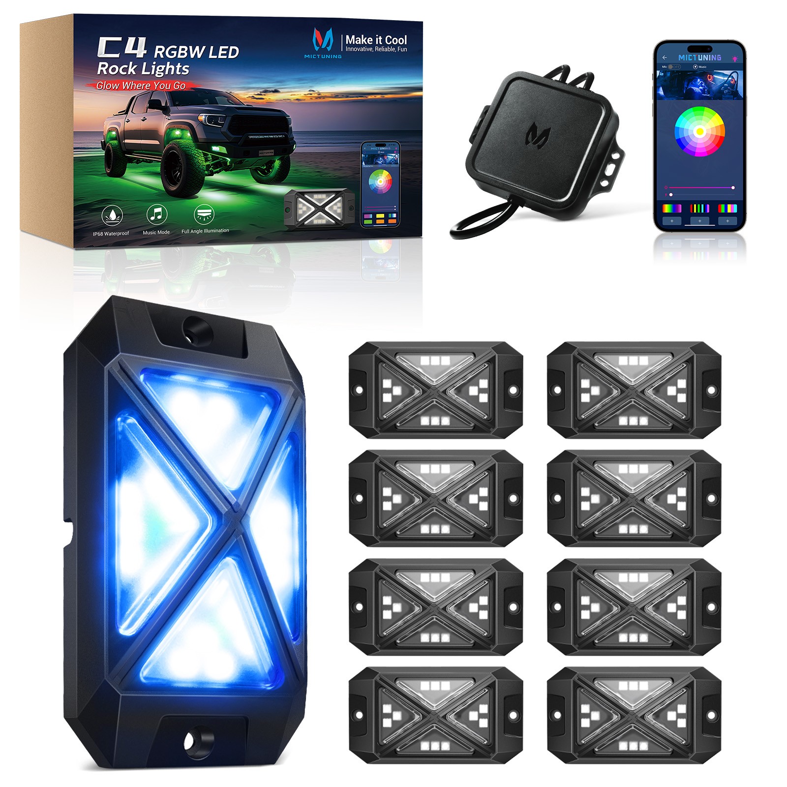 MICTUNING RGB Rock Lights 4 Pods Underglow Underbody Neon Lights for Truck ATV