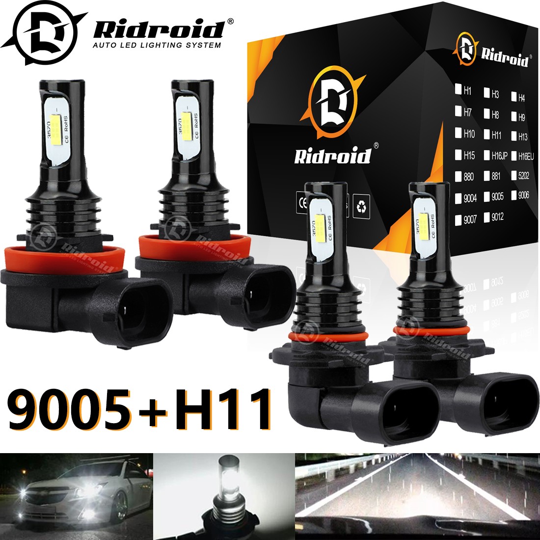H11 9005 LED Headlight KIT Combo Bulbs 10000K High&Low Beam Super Bright White