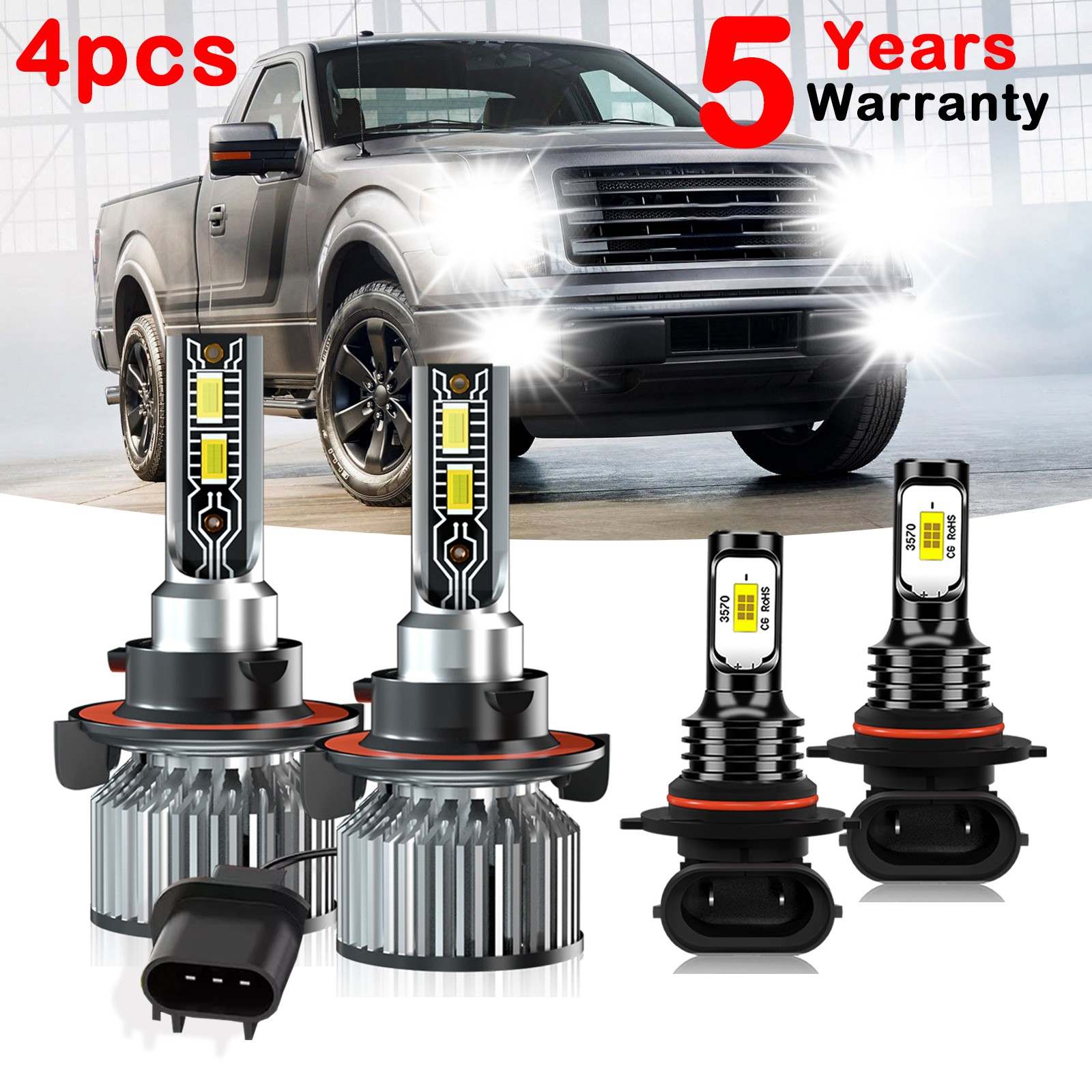 For Ford F-150 2004—2014 10000K LED Headlight Hi/Lo +Fog Light 4 Bulbs Combo kit
