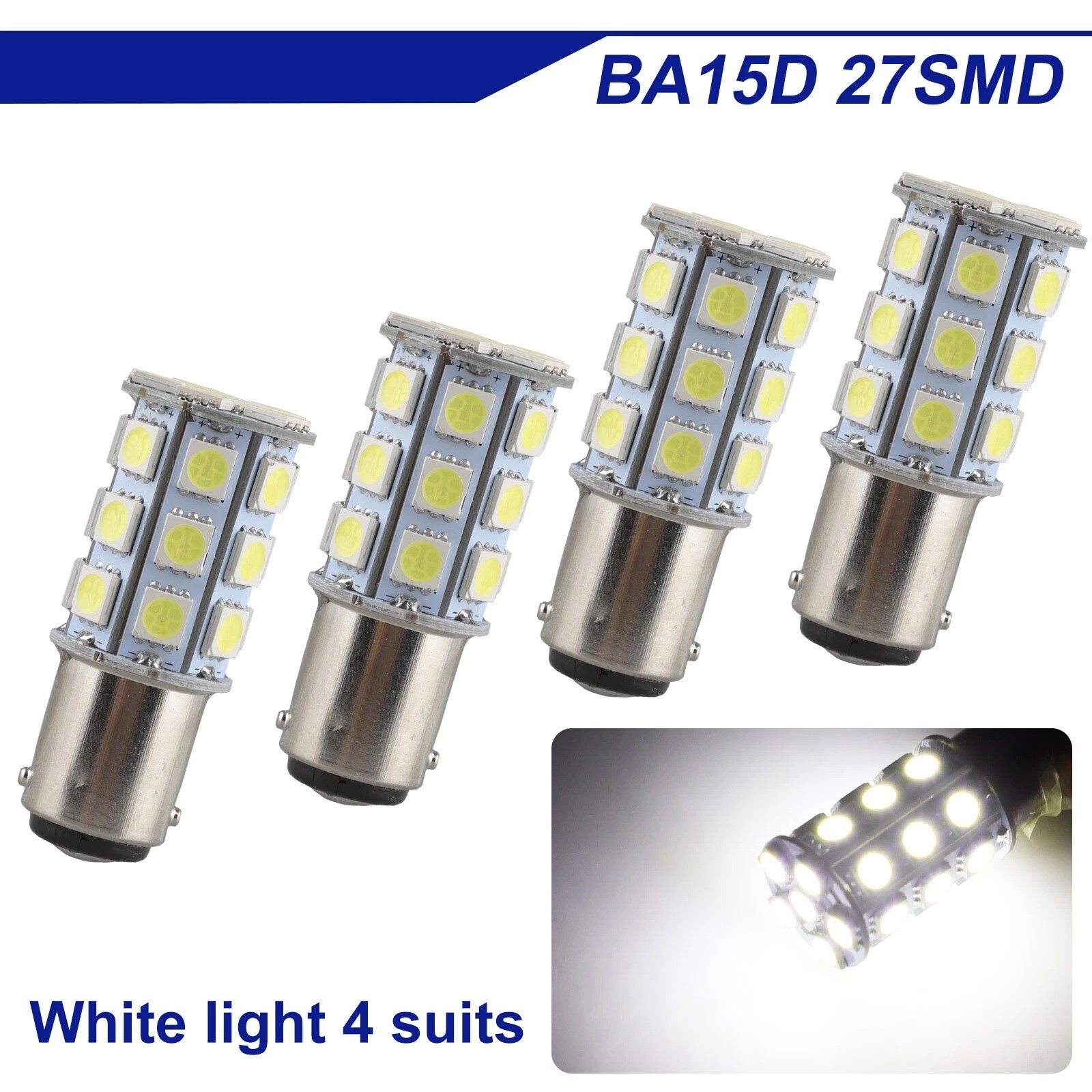 4x Super Bright BA15D 27-SMD LED Interior RV Camper Trailer Light Bulb White 12V