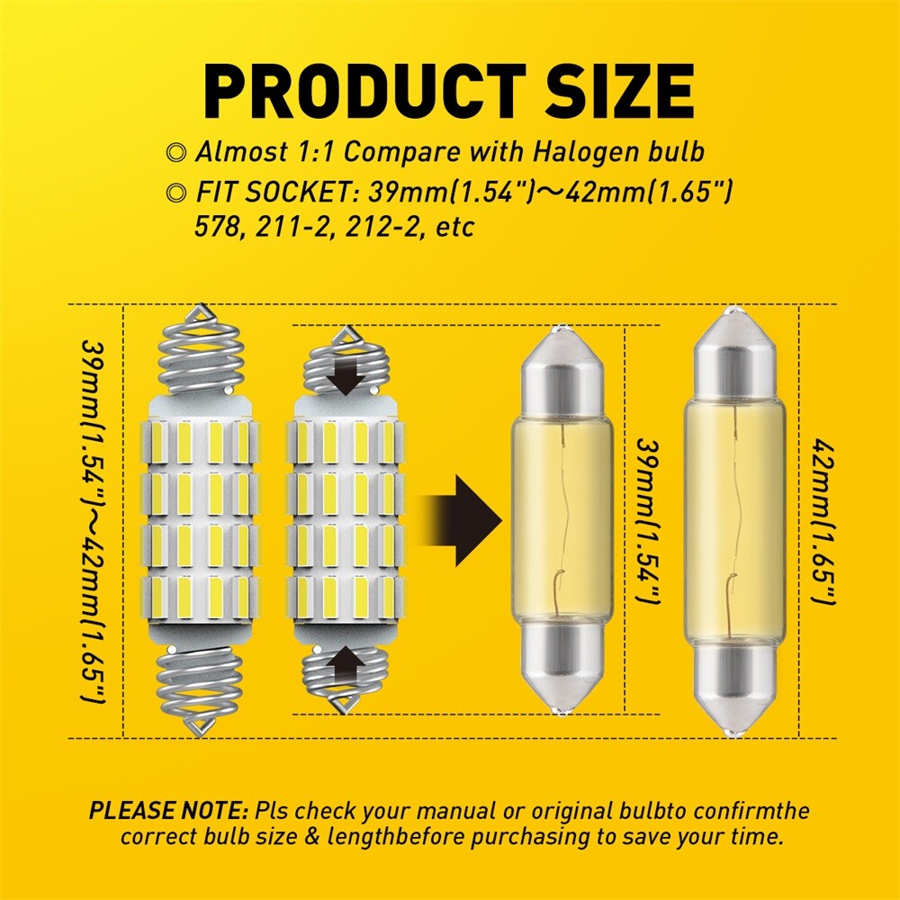 AUXITO 39-42MM 211-2 212-2 578 LED Interior Map Light Bulb 6000K CANBUS White