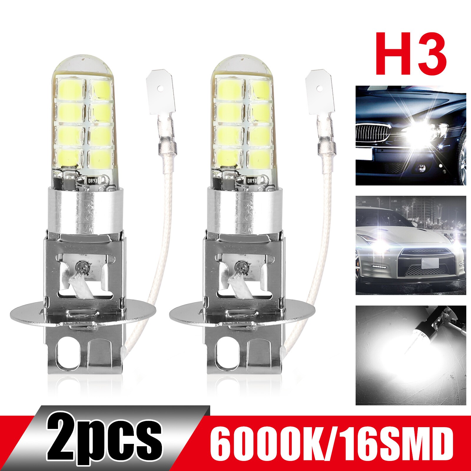 2PCS H3 16-SMD LED Fog Driving Light Bulbs Conversion Kit DRL 6000K Bright White