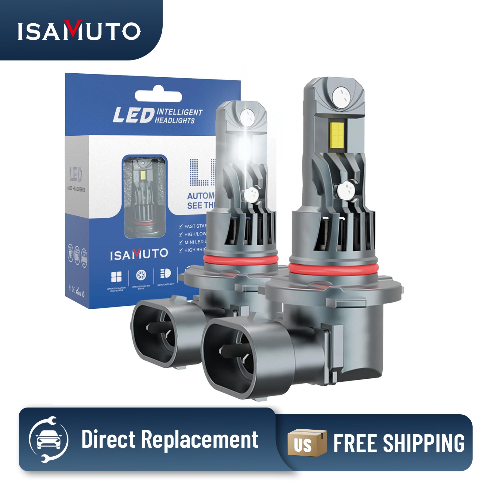 ISAMUTO 2x 9005 HB3 LED Headlight Super Bright Bulbs Kit White 6500K 1:1 Size