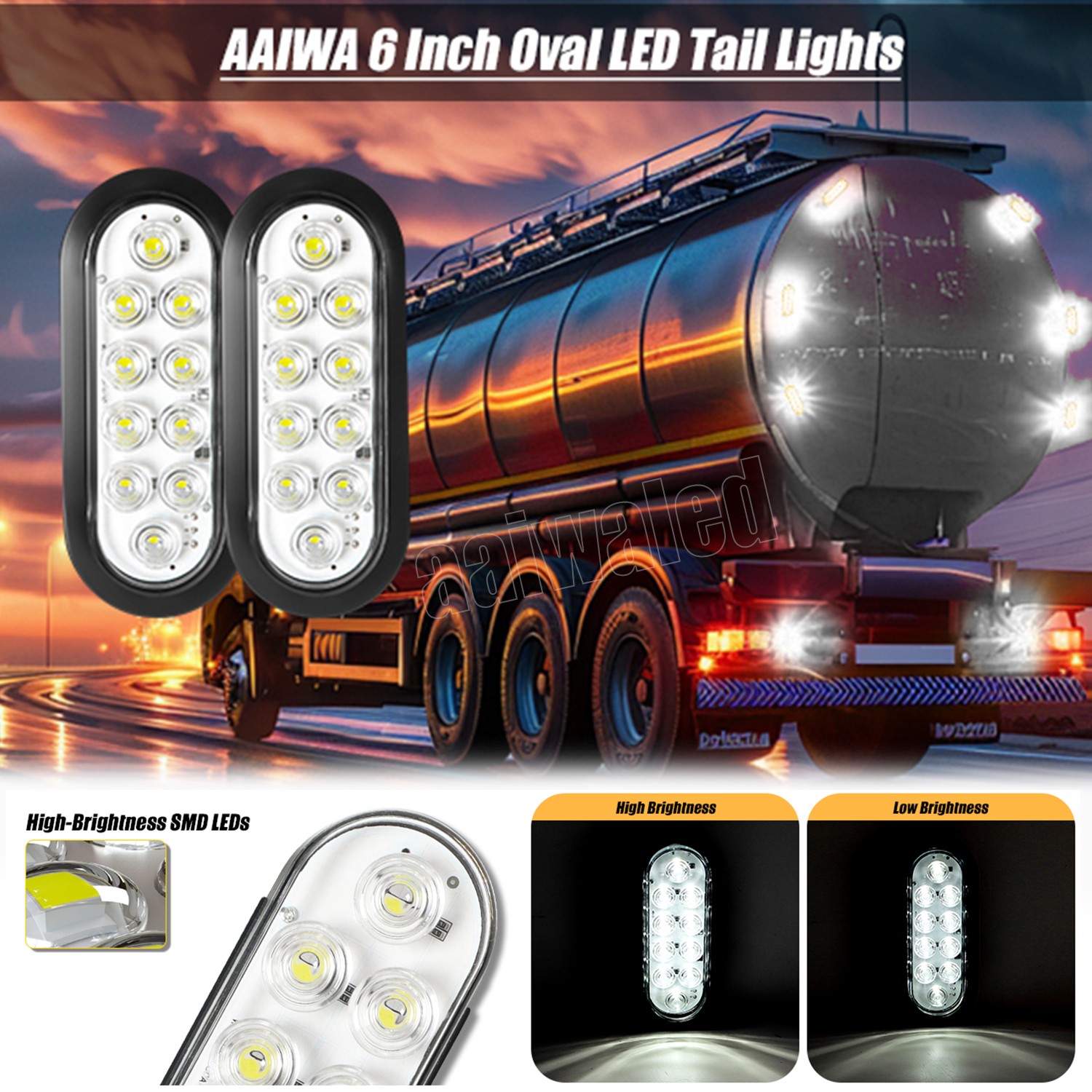 White 6″ Oval Trailer Lights 10 LED Stop Turn Tail Truck Sealed Grommet Plug DOT