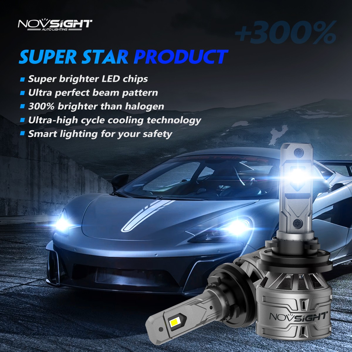 NOVSIGHT H11 LED Headlight Bulbs H8 H9 Lamp 13000LM 6500K Cold White Low Beam US