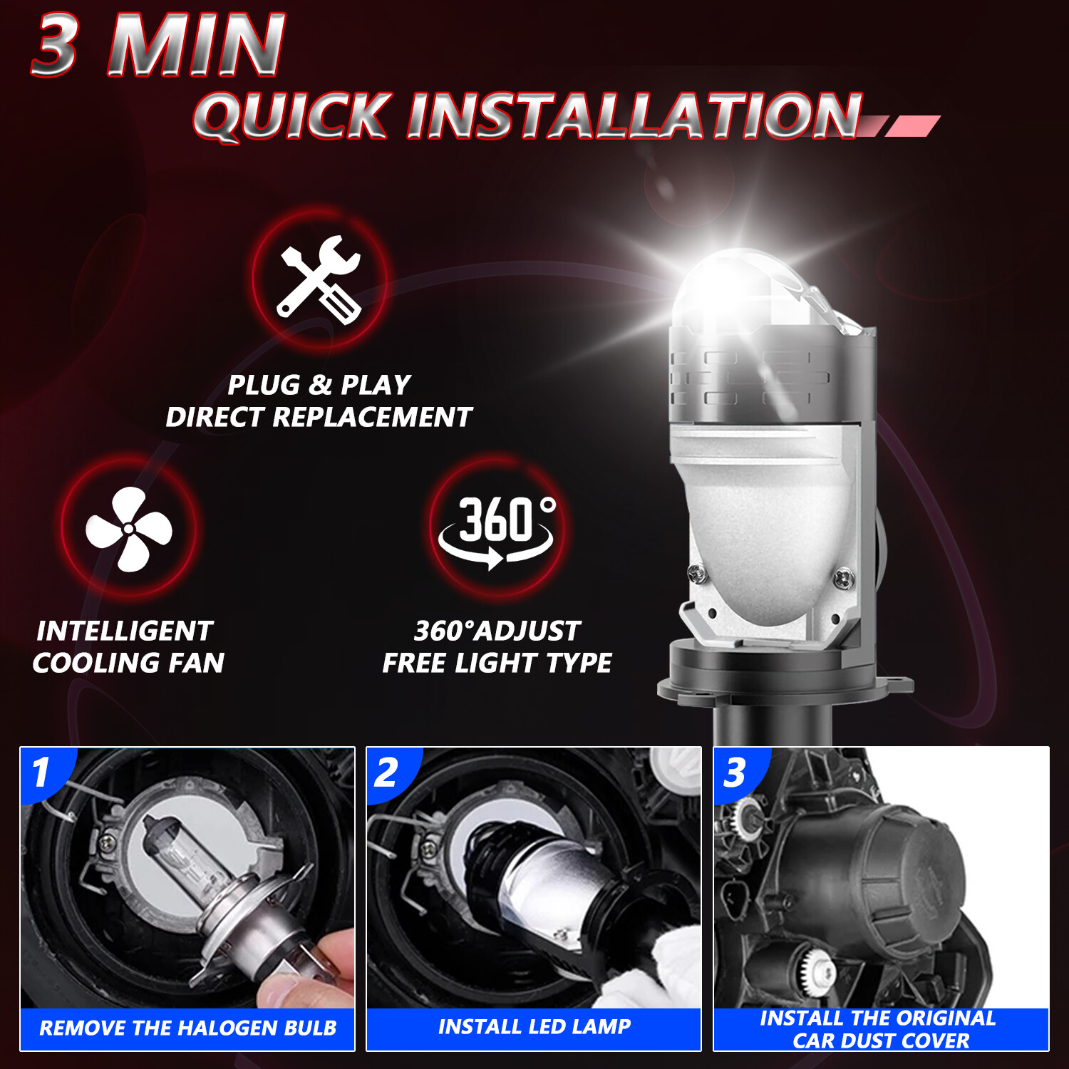 2Pcs H4/HB2 9003 160W Bi-LED Projector Lens Hi/Lo Motorcycle LED Headlight Bulbs