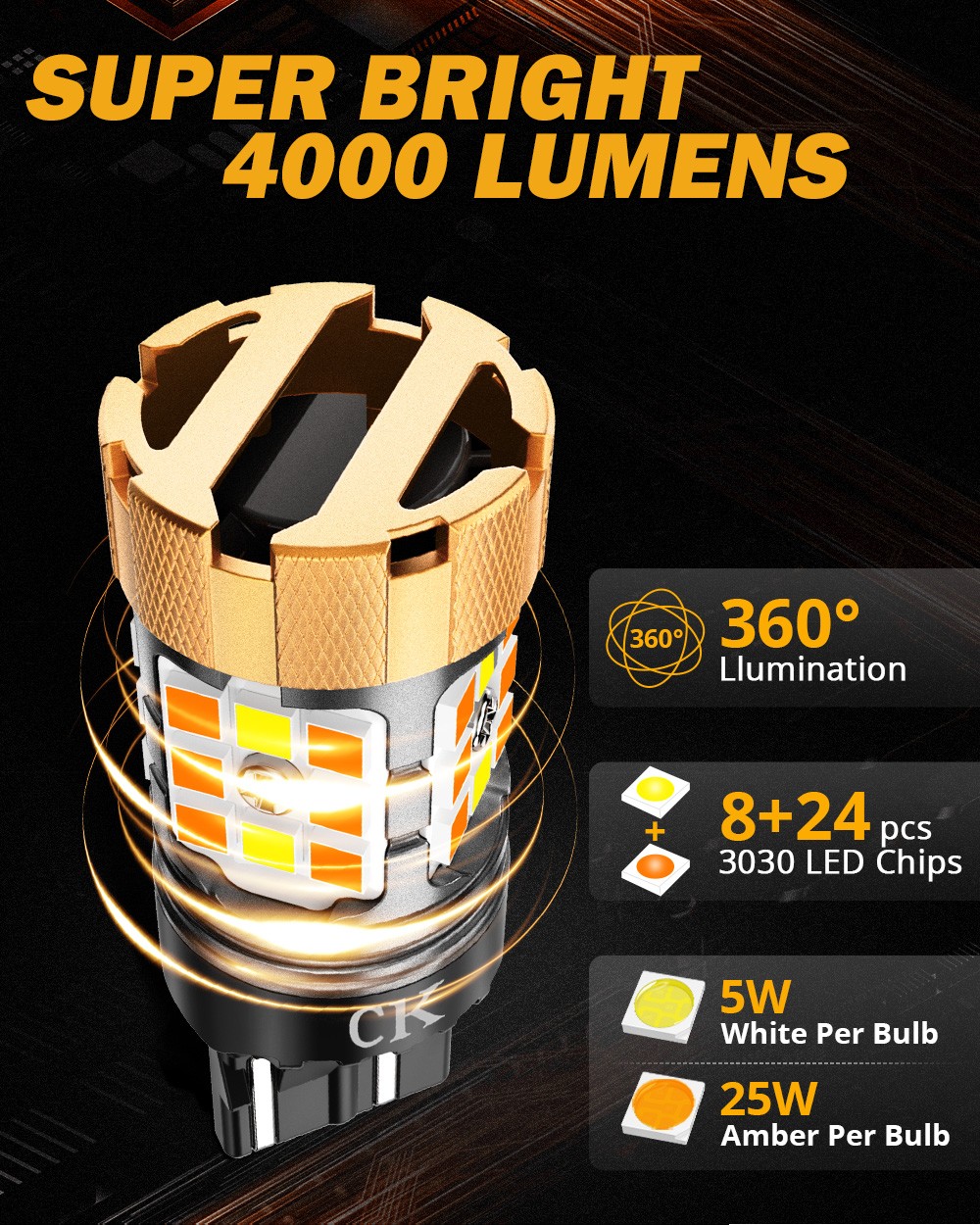 AUXBEAM 7443 CK LED White Yellow Front Turn Signal Light Bulbs Canbus Error Free