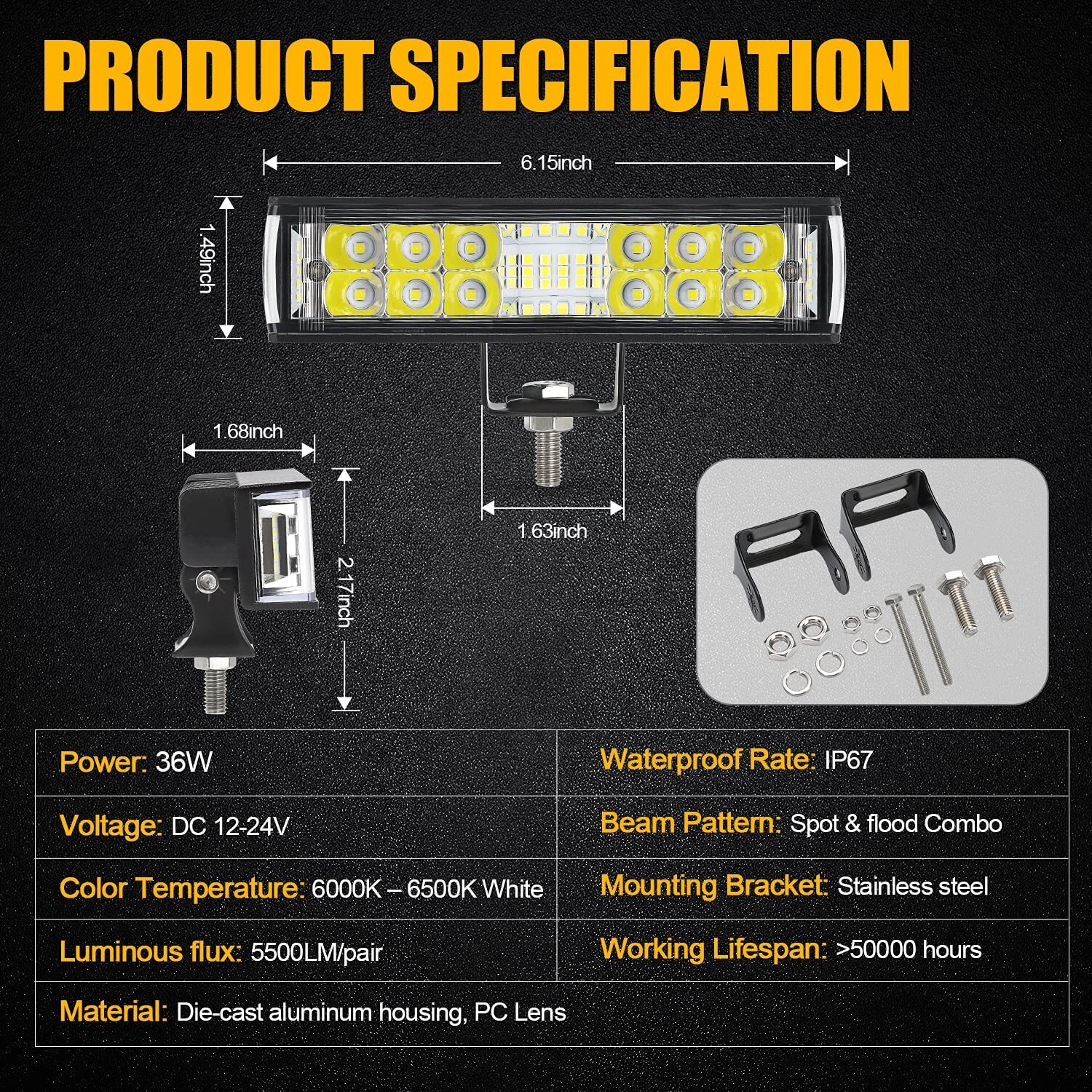 2X 6inch LED Work Light Bar Spot Pods Fog Lamp Offroad Driving Truck 4WD SUV ATV