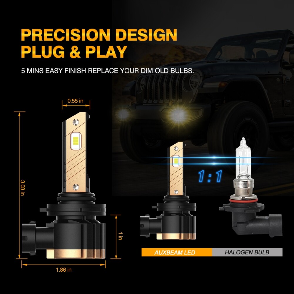 AUXBEAM 9006/HB4 8000LM 3000K Yellow Z3 LED Fog Light DRL Headlight BULBS 44W