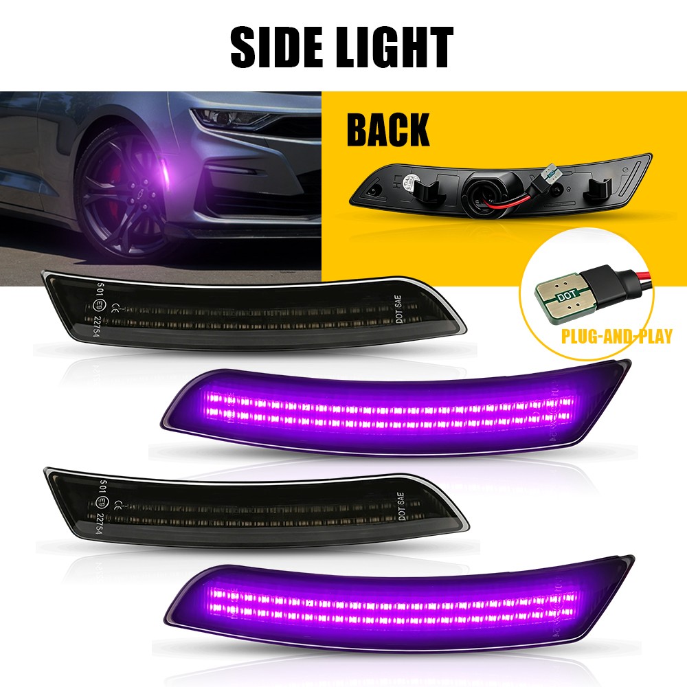 4X Smoked LED Side Marker Bumper Lights Purple Lamps For Chevy Camaro 2016-2023