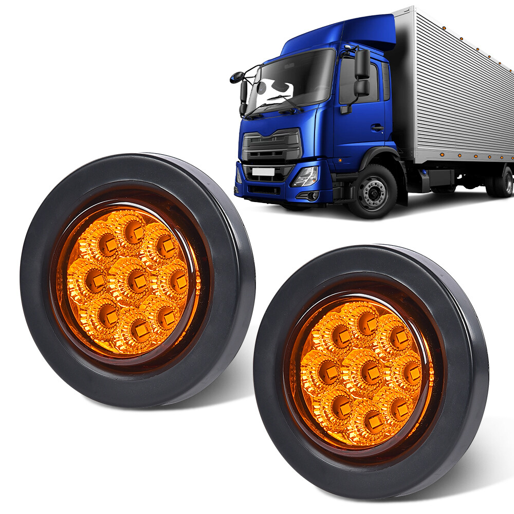 2x Amber 2″ Inch Round 9 LED Side Marker Clearance Lights Truck Trailer Lamp 12V