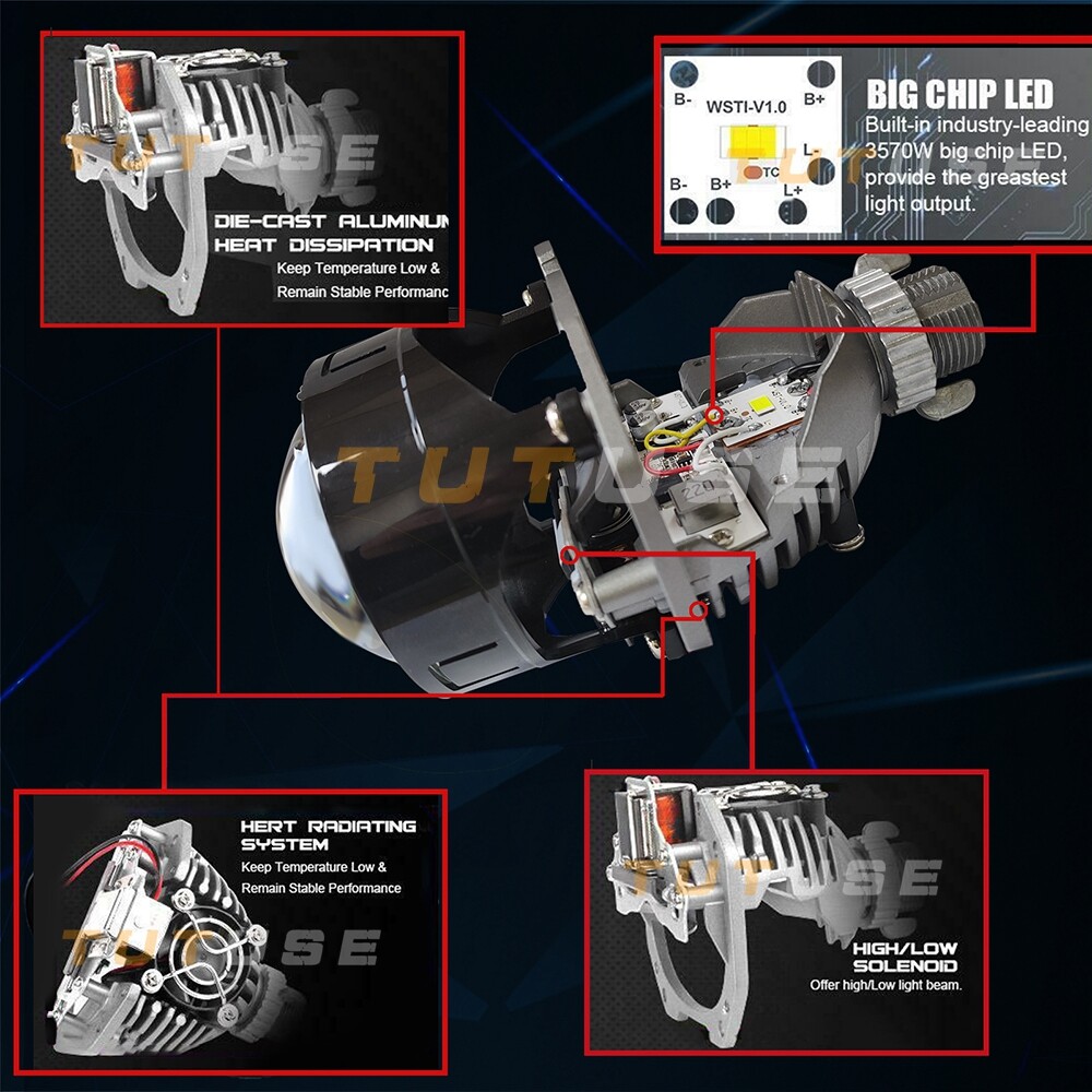 Mini Headlight 2.5 inch Bi LED Projector Lens+Silver Shrouds Retrofit Universal