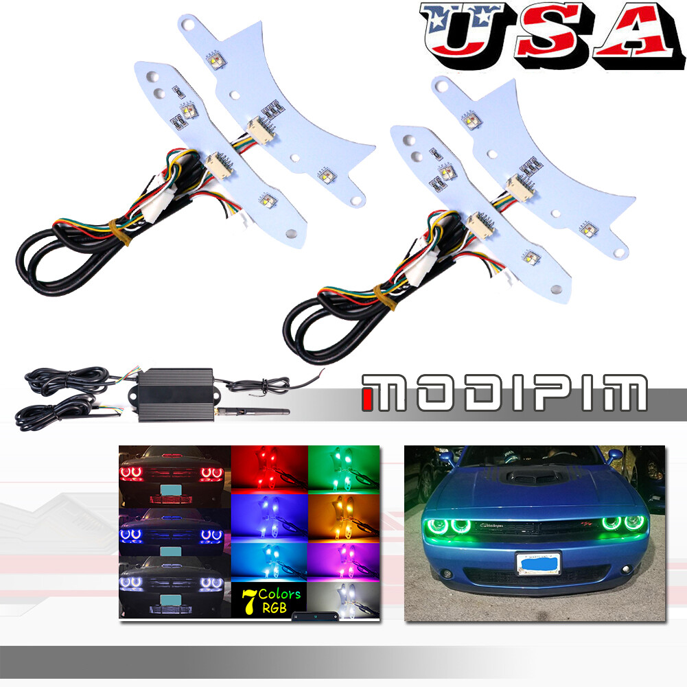 For 15-18 Dodge Challenger RGBW Halo DRL Headlights LED Boards Bluetooth Control
