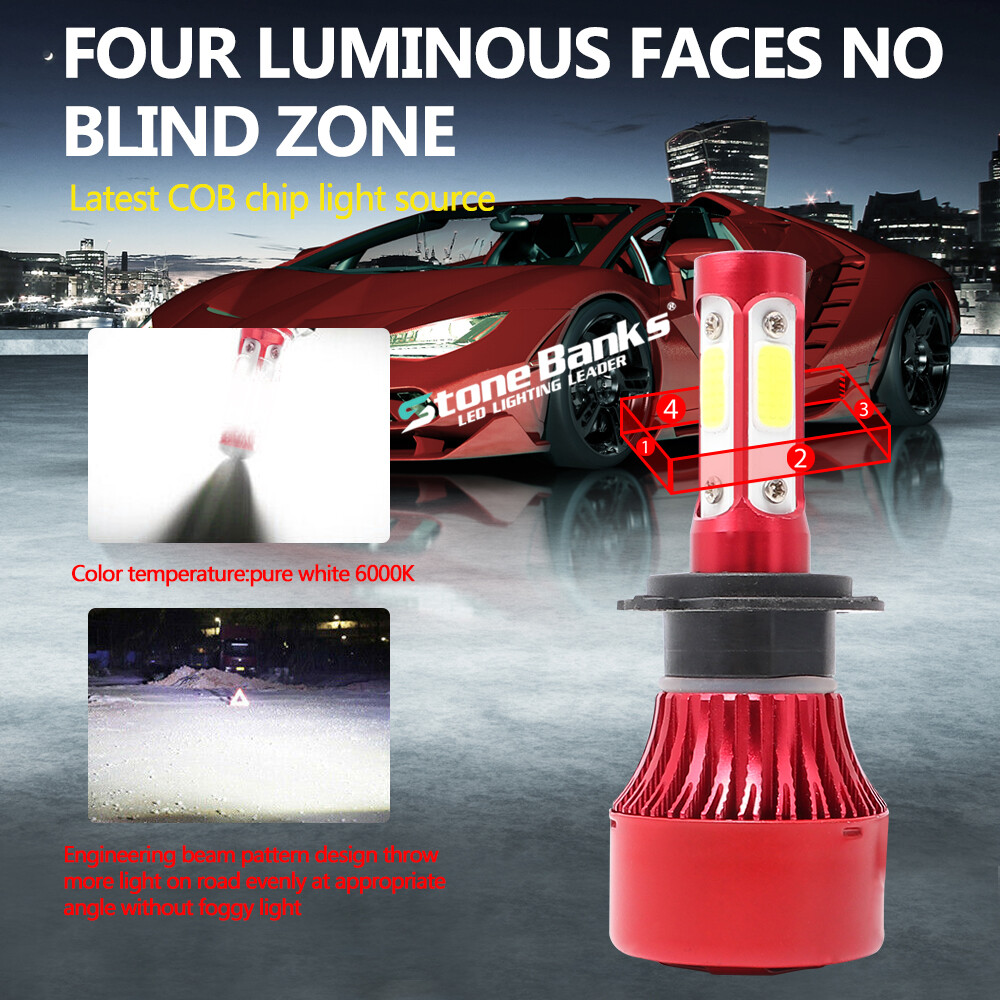 2x H7 LED 6000K Headlight Bulb 4-Sides High Low Beam Foglight Kit 180W 32000LM