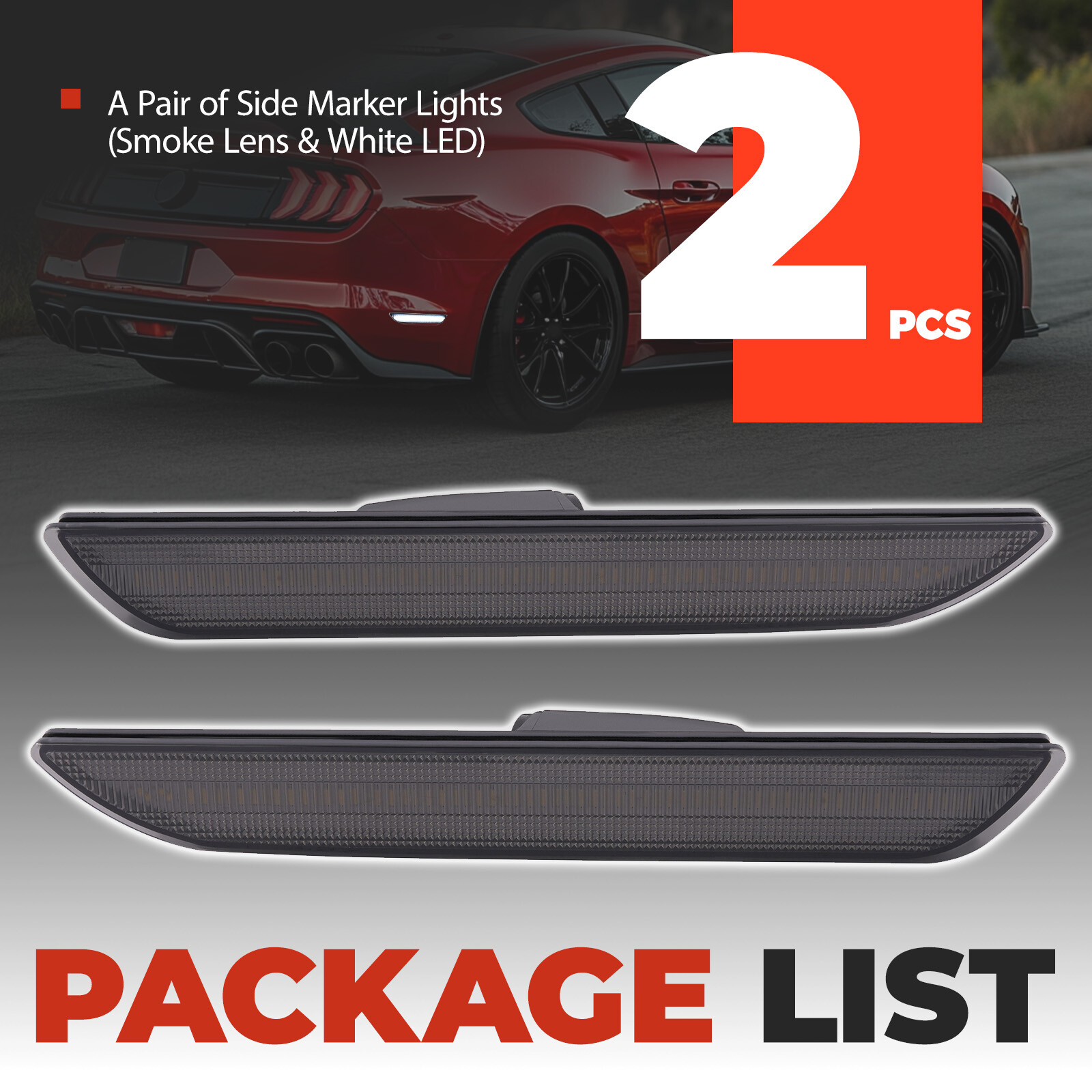2PCS White LED Side Marker Lights Rear For Ford Mustang 2015-2023 Smoked Lens
