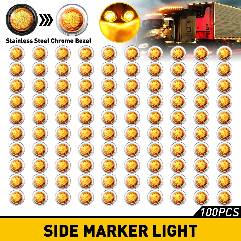 100x 3/4″ Round Amber LED Side Marker lamp Stailness With Base for Truck Trailer