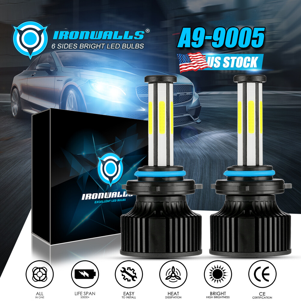 6-sides 9005 HB3 LED 6000K Xenon White High Beam Headlight Bulb Super Bright 2x