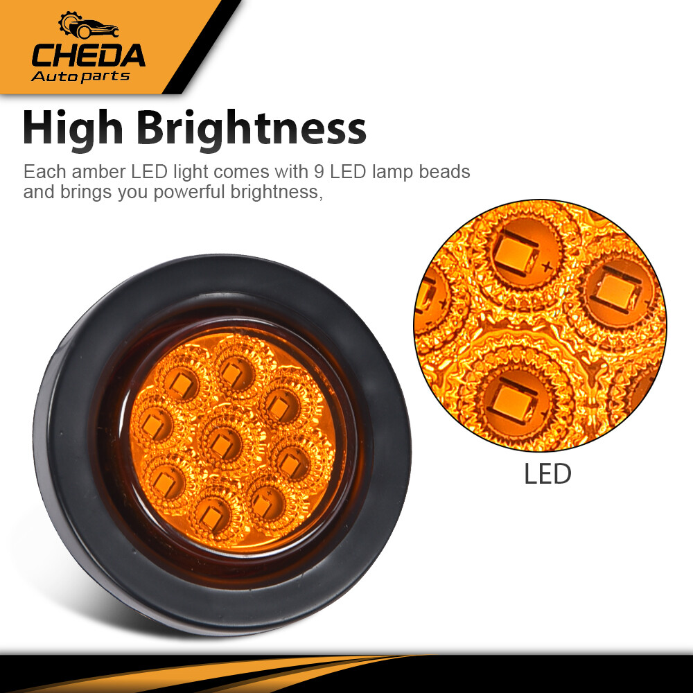 2x Amber 2″ Inch Round 9-LED Side Marker Clearance Lights Truck Trailer Lamp 12V