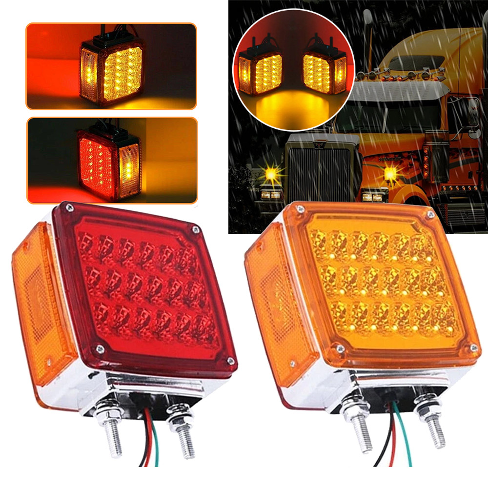2X Amber+Red Square 39LED Double Face Stud Mount Cab Fender Turn Signal Lights