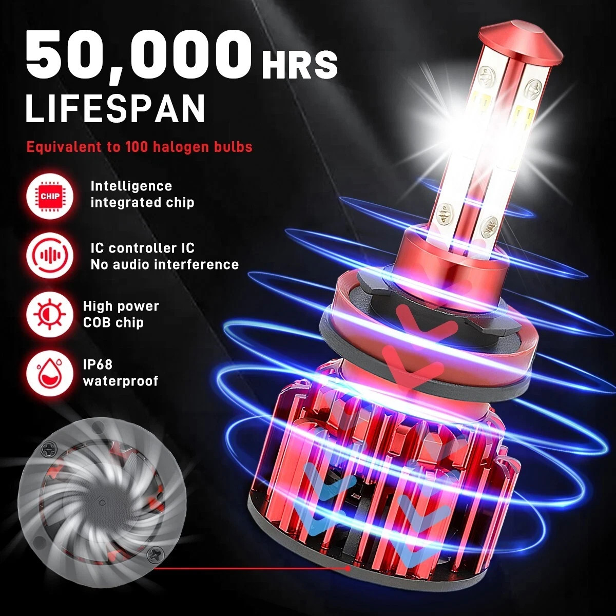4-Sides H11 LED Headlight Kit Low Beam Bulb Super Bright 6500K White 1000000LM