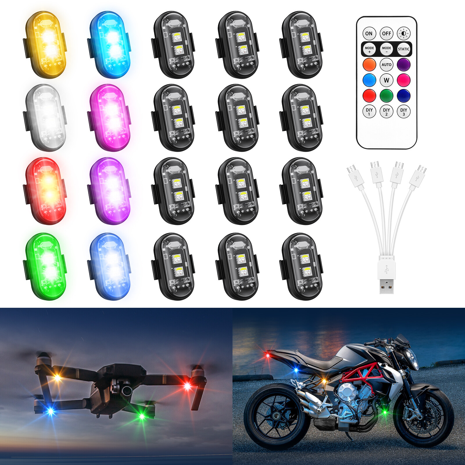 20PCS Wireless LED Strobe Lights 8 Colors USB Rechargeable Anti-Collision Lamps