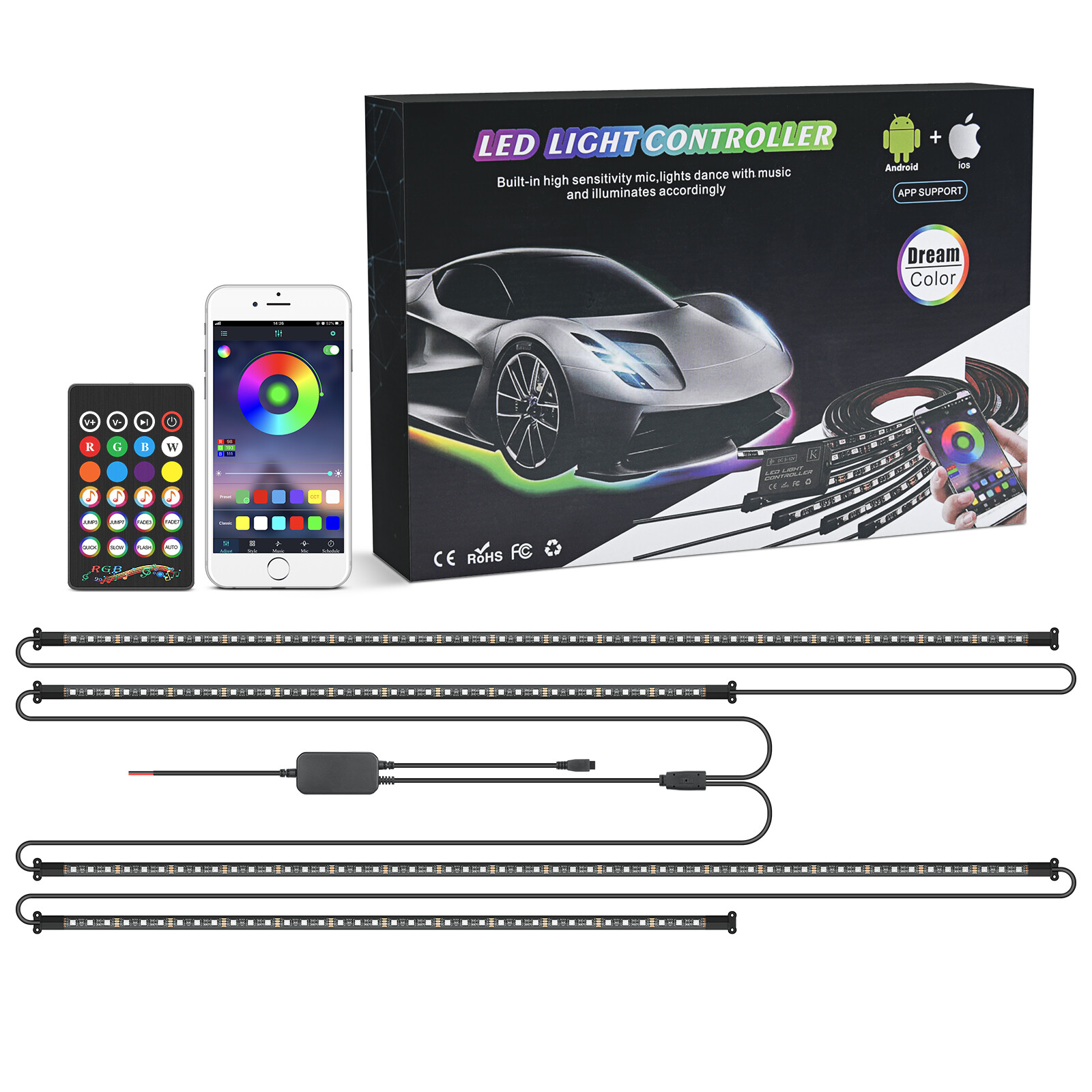 4PCS RGB LED Strip Under Car Tube Underglow Underbody System Neon Light Kit