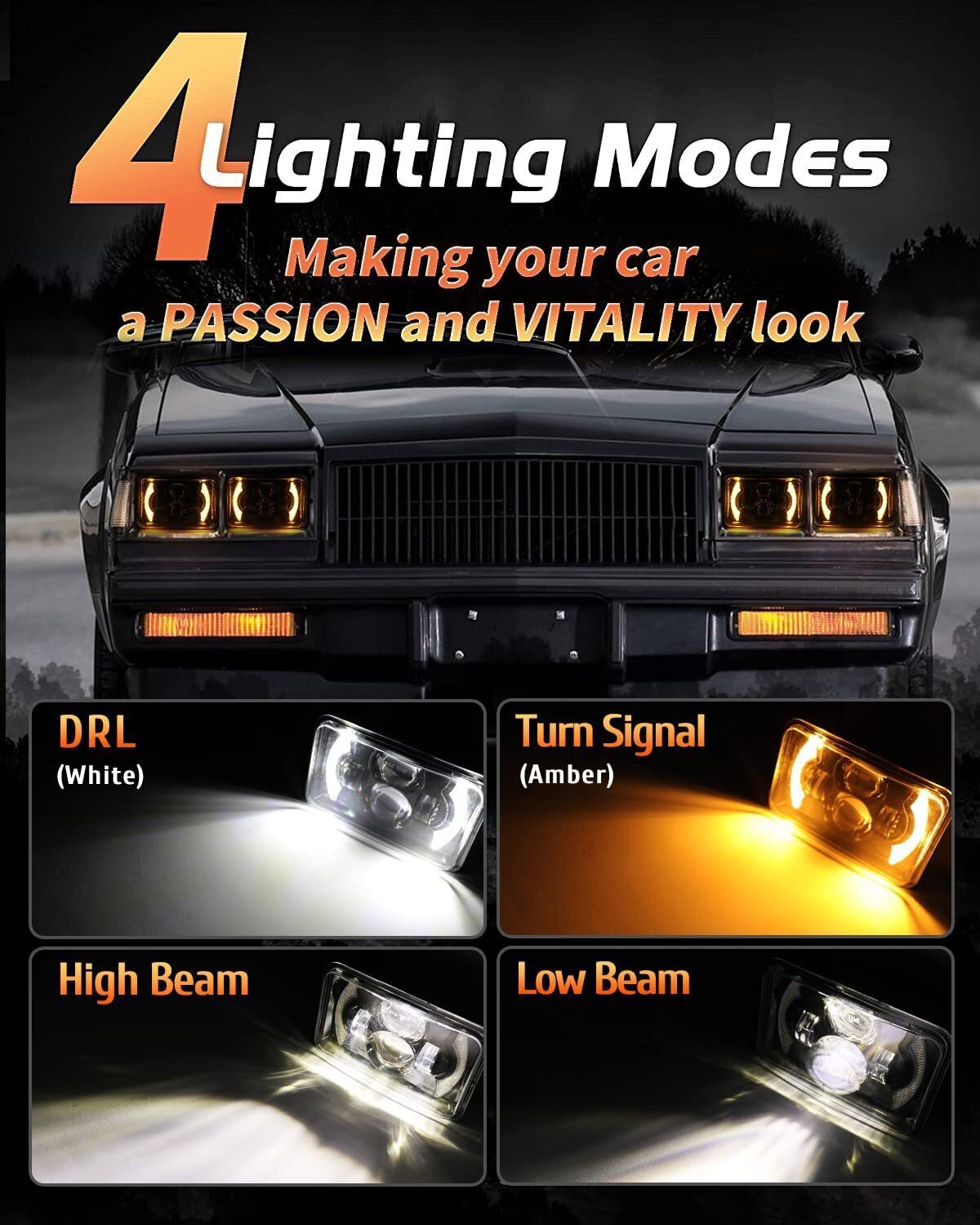 4PCS Fit 1982-1992 Chevrolet Camaro Z28 4×6″ LED Headlights Halo DRL Hi-Lo Beam