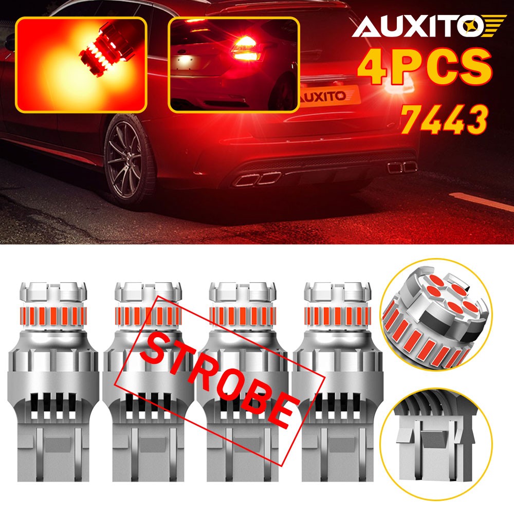 AUXITO 4PC 7443 Brake Tail Stop Light Red Flash Strobe Blinking 23-SMD LED Bulbs