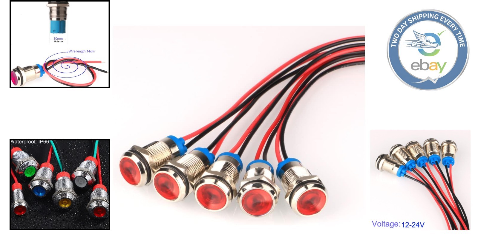 5pcs Waterproof Red LED Indicator Lights – AC/DC 12-24V for Safety & Durability