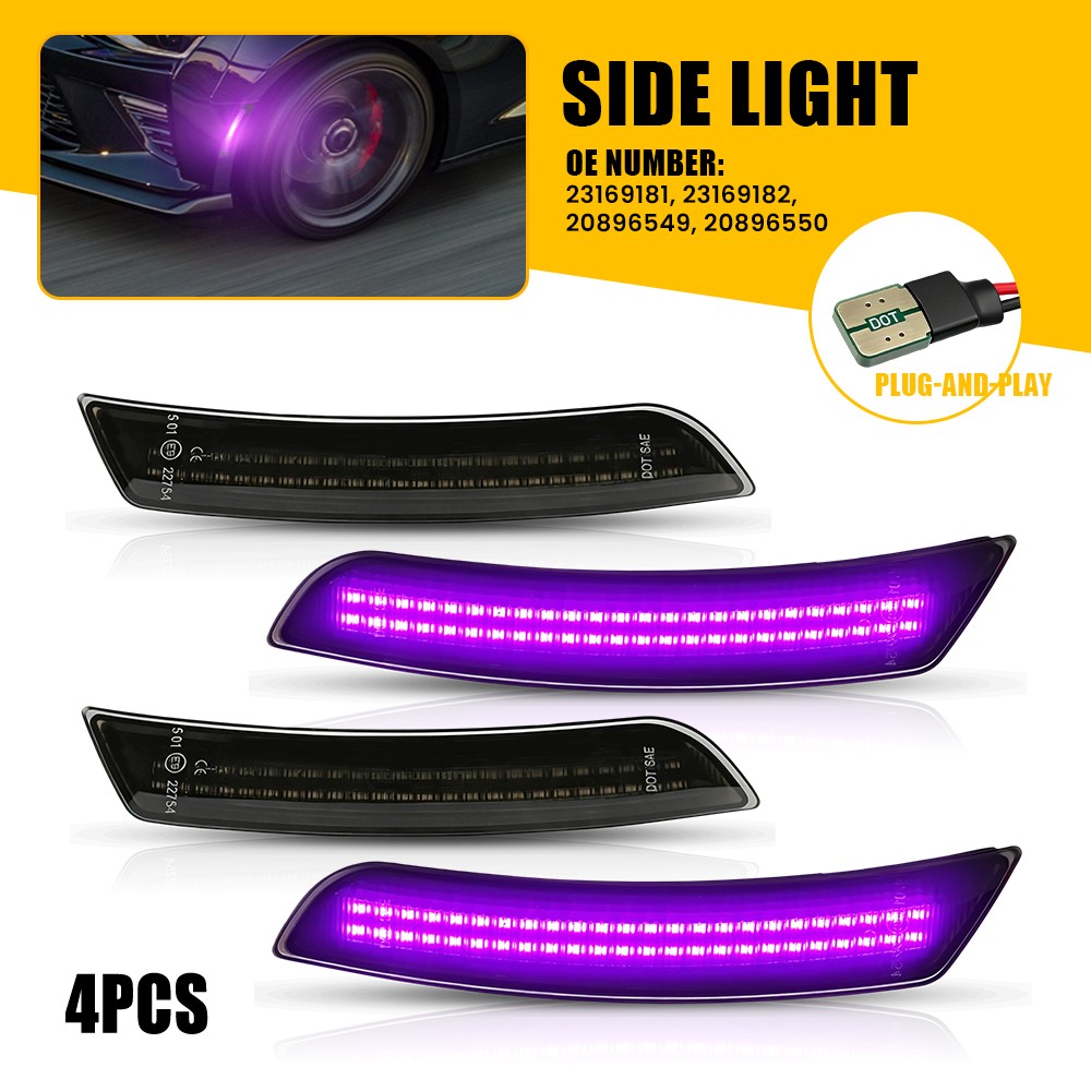 4PC Purple Smoked LED Fender Side Marker Light 23169182 For 16-2023 Chevy Camaro