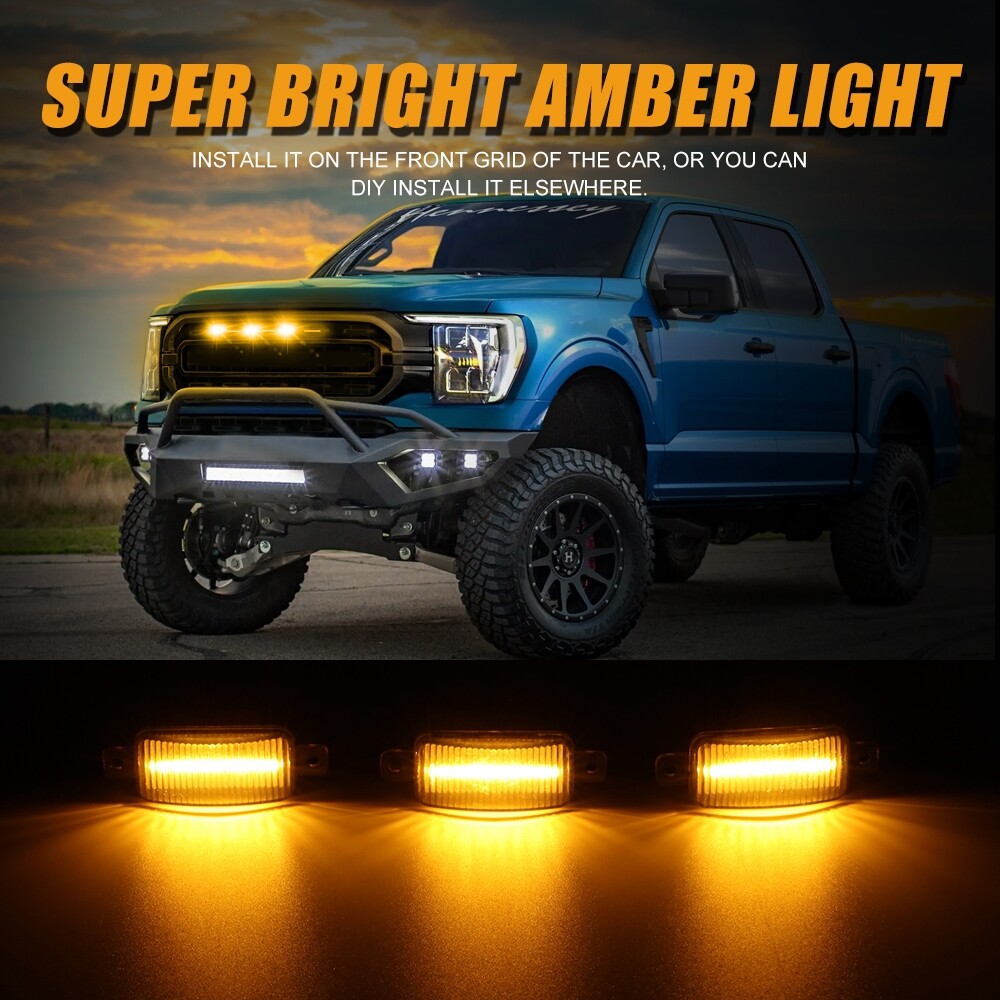 3pcs Raptor Style Amber LED Front Grille Running Lights For Dodge Ram 1500 2500