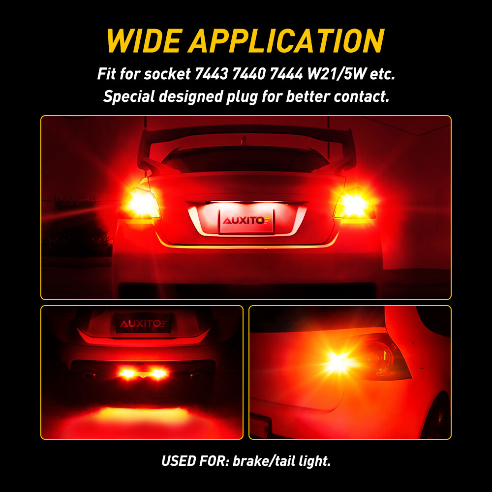 AUXITO 7443 7440 LED Red Strobe Flash Brake Stop Tail Parking Light Bulbs CANBUS