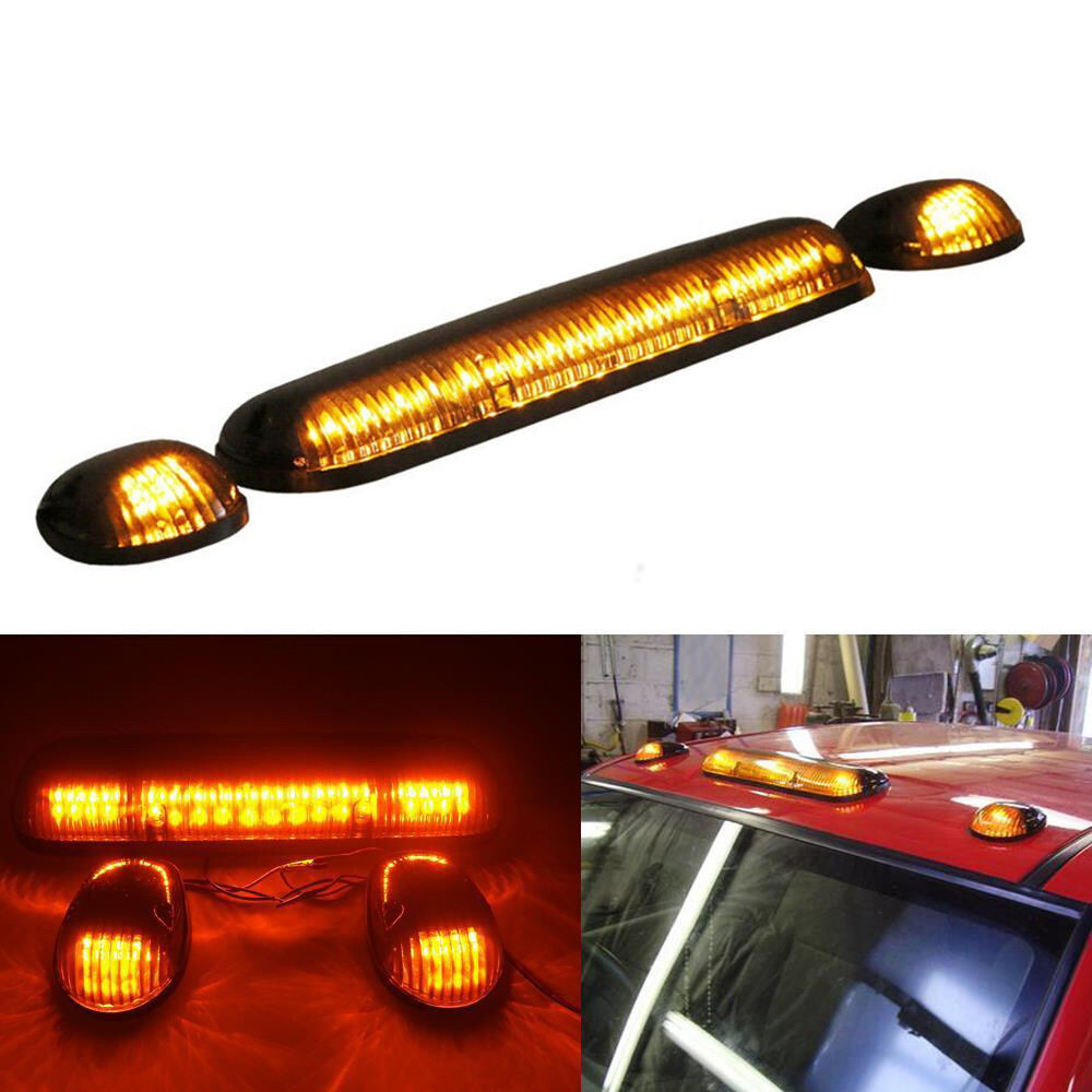3PC Smoke Lens Amber Top Cab Roof Running LED Marker Lights+Wiring Kit SUV VAN