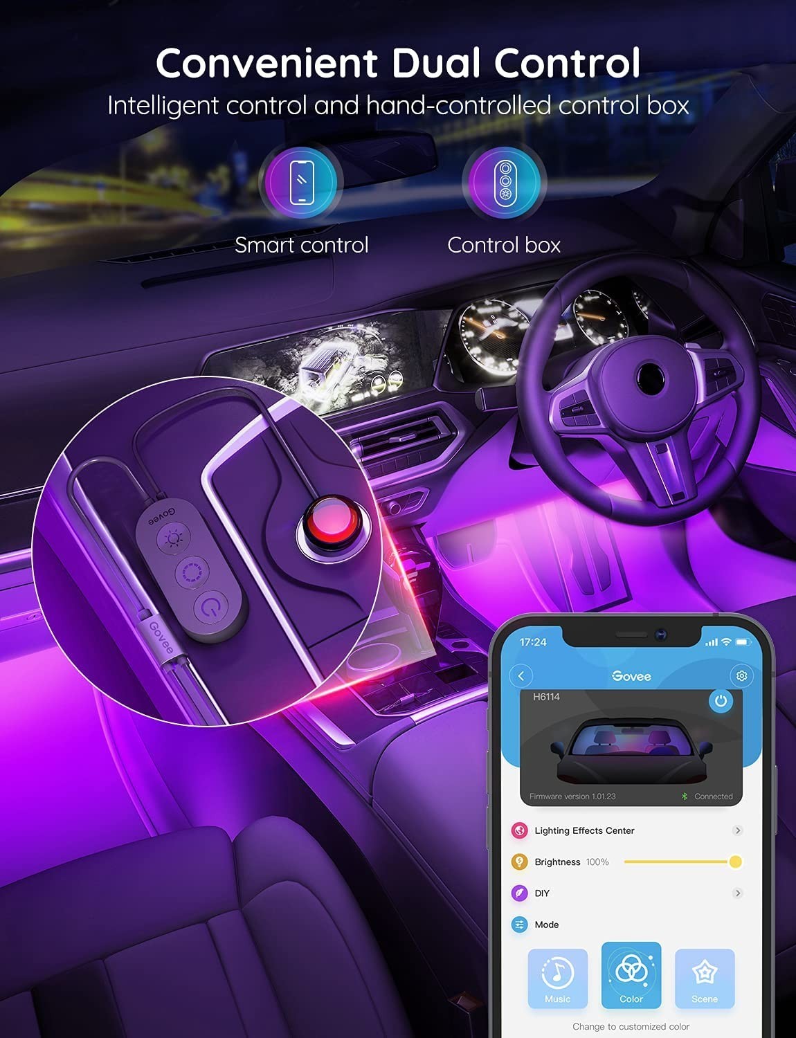 RGB Smart Car Interior LED Lights – App Control, DIY & Music Modes, 12V Charger