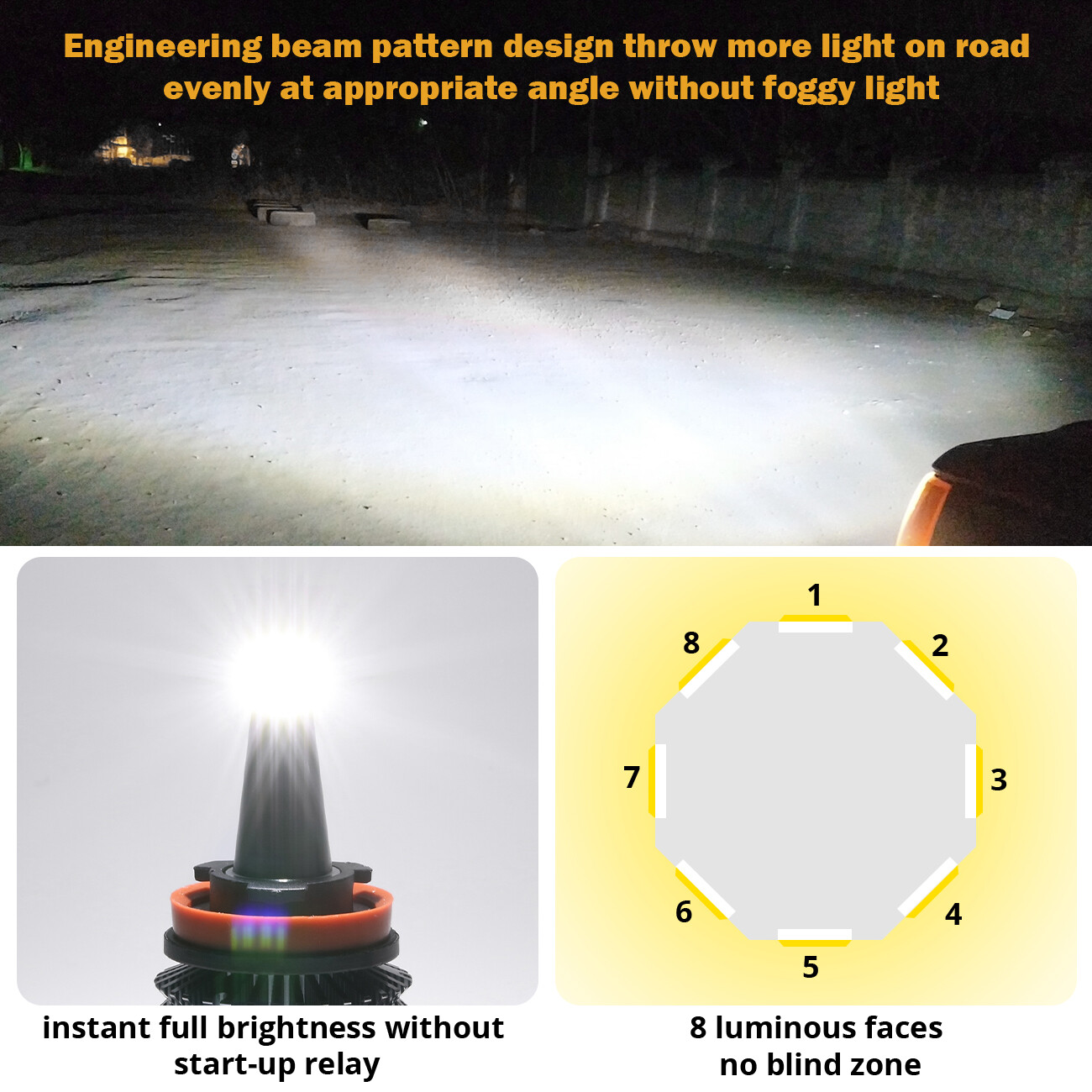 8Side H11 H8 H9 LED Headlight Kit High Low Beam Bulb Bright 6500K White 380000LM