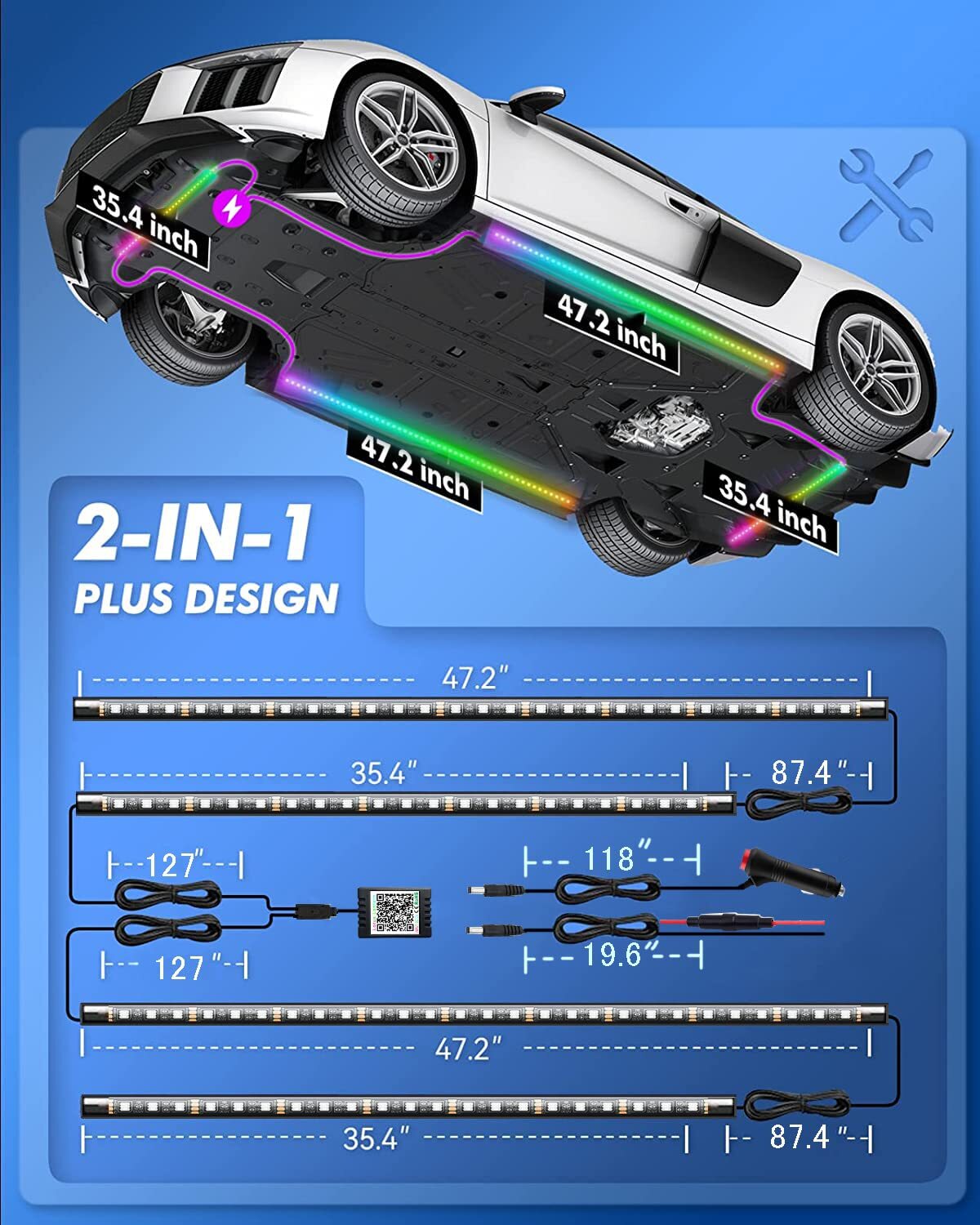 Flowing Dream Color RGB LED Strip Under Car Underglow Underbody Light Kit APP